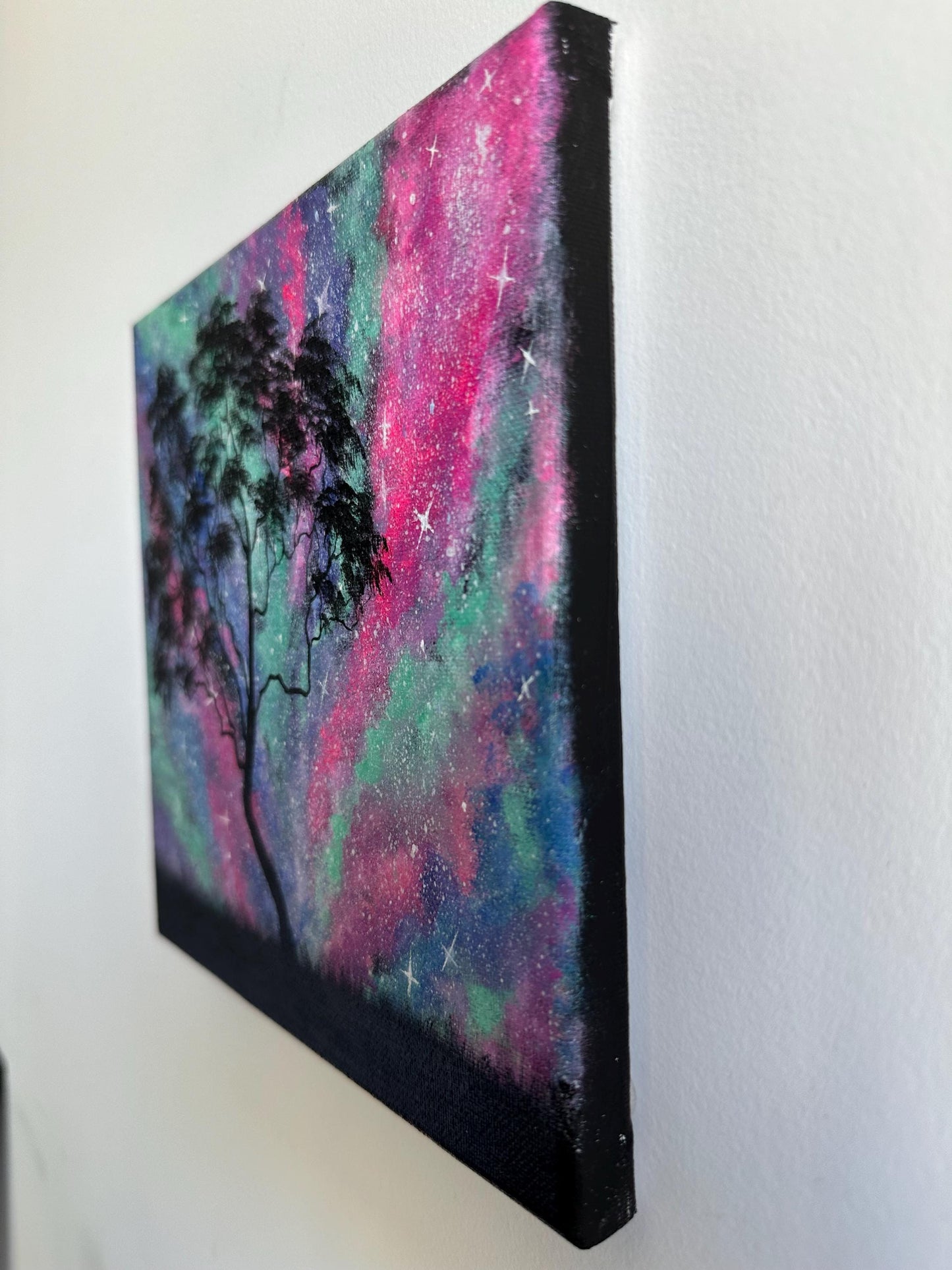 Cosmic Galaxy Tree Painting: 8" x 8" Original Acrylic Art