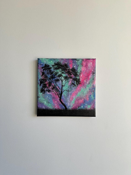 Dark Night tree under blue, green, purple galaxy acrylic art painting on canvas
