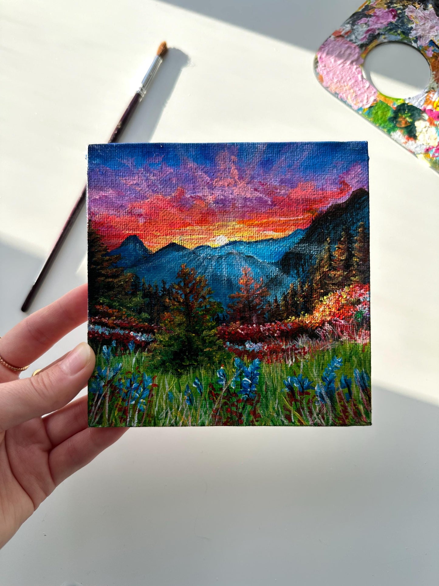 Miniature Flower Garden Painting: Original Acrylic Mountain Landscape Art (5x5)