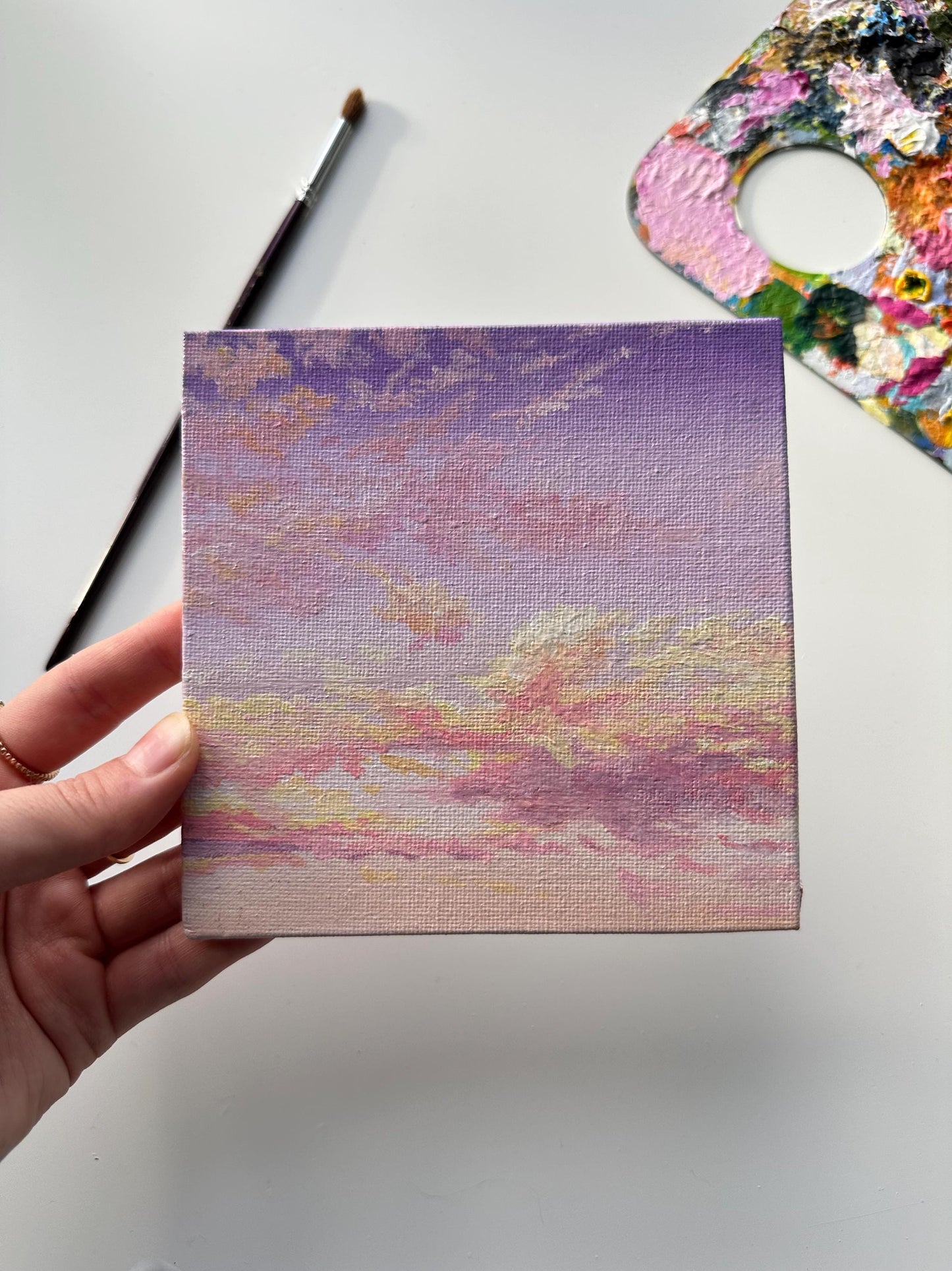 Miniature Pink & Purple Sky Painting: Hand-Painted Atmospheric Art (5" x 5")