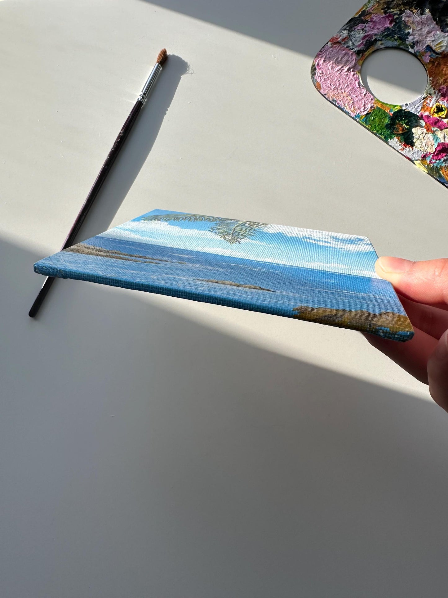 Tropical Seascape Painting: Miniature Coastal Art, Beach Vibes (5" x 5")