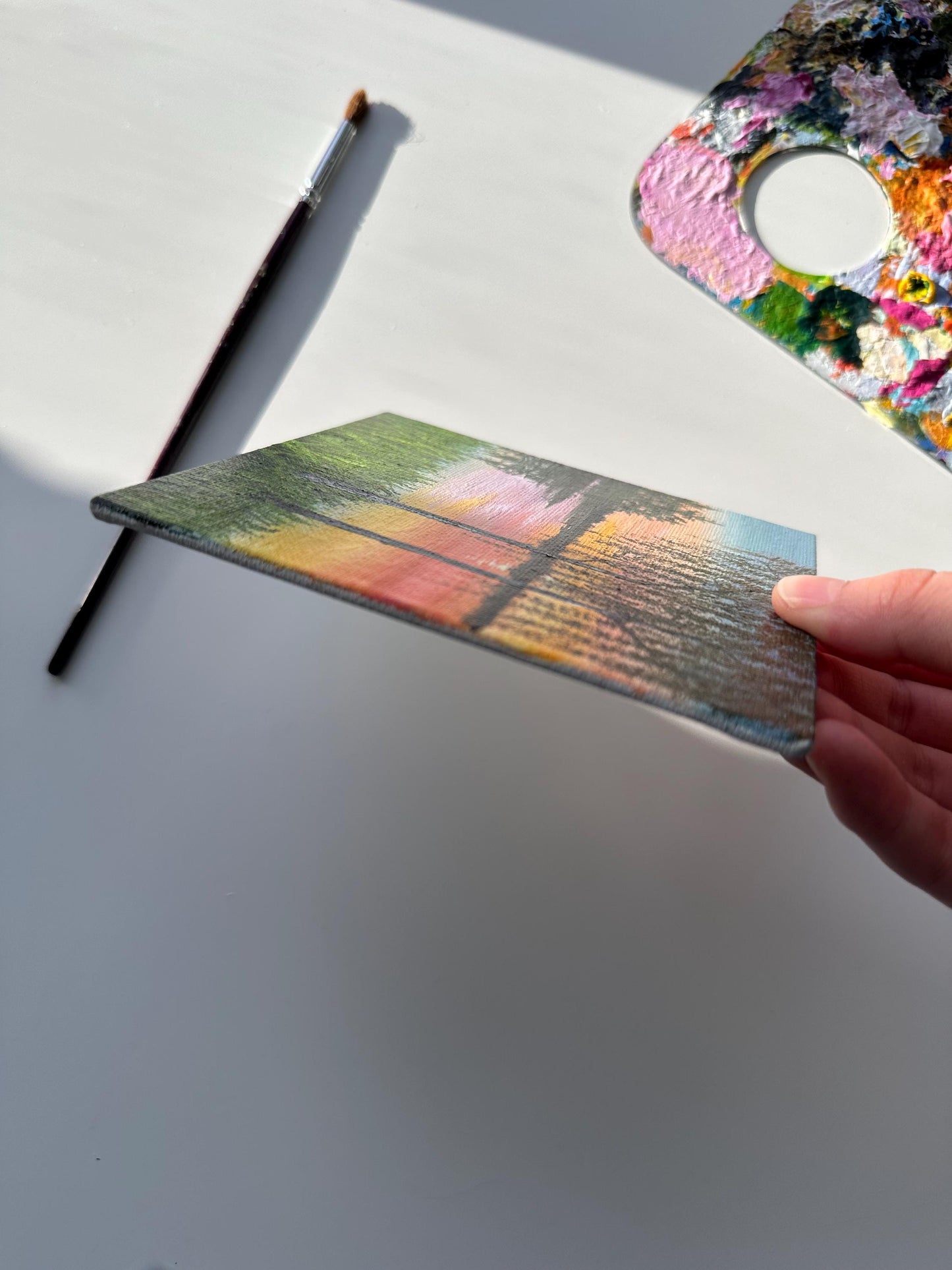 Original Sunset Lakeside Acrylic Painting: 5" x 5" Mini Landscape