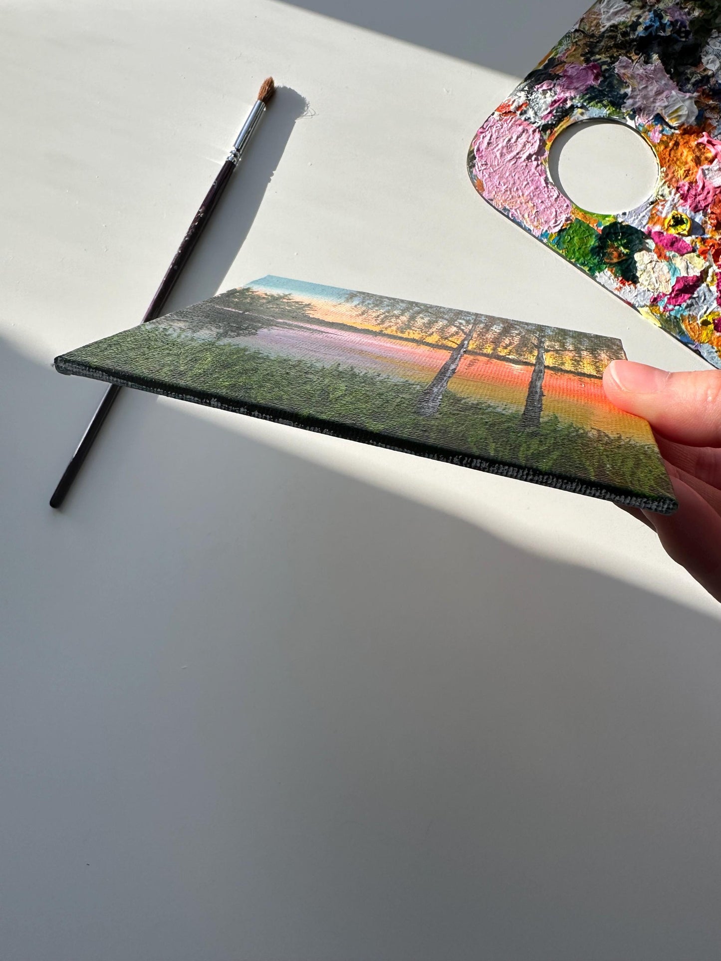 Original Sunset Lakeside Acrylic Painting: 5" x 5" Mini Landscape