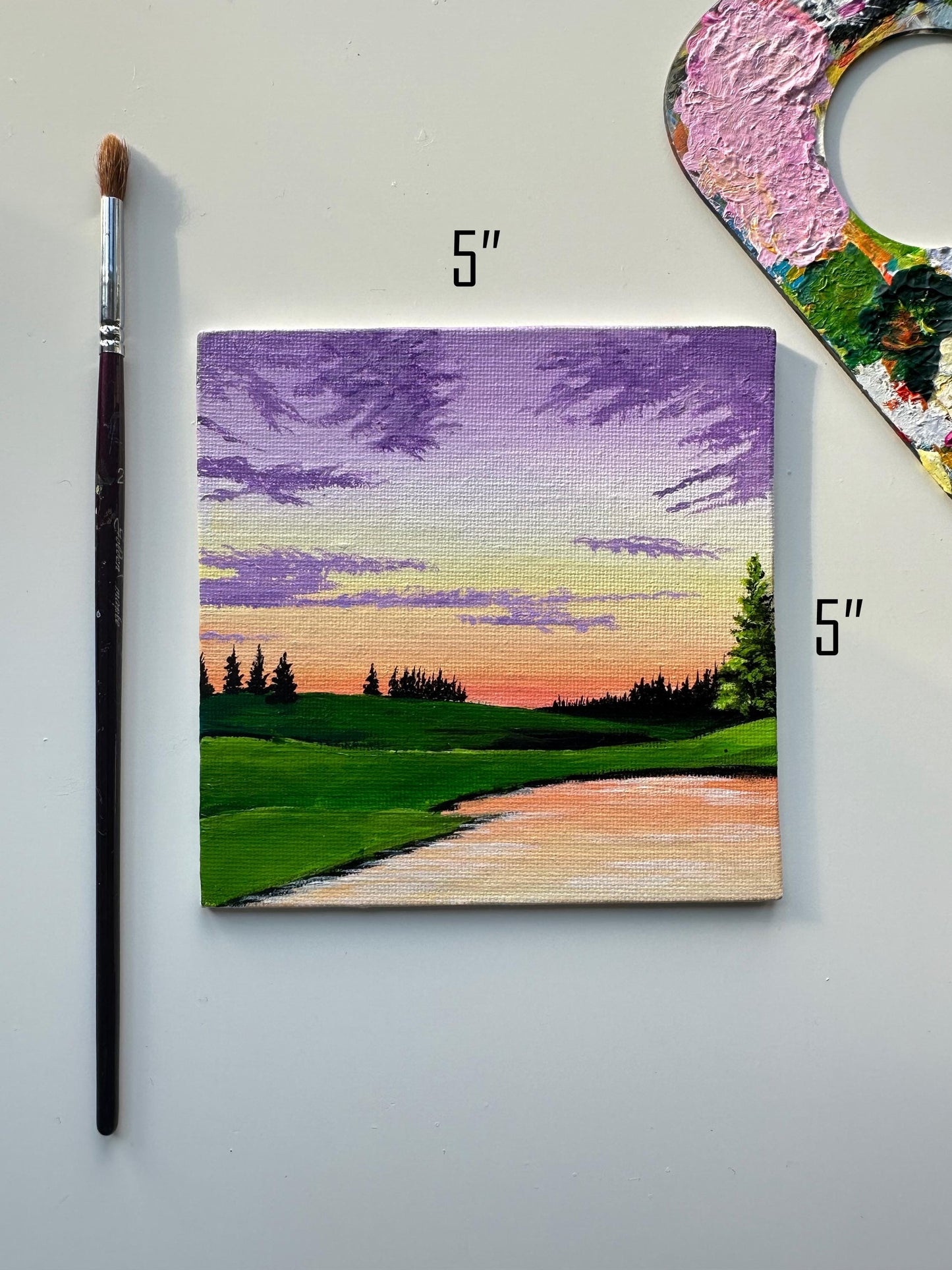 Miniature Landscape Painting: Original Acrylic Green Valley, Purple Sky (5x5)