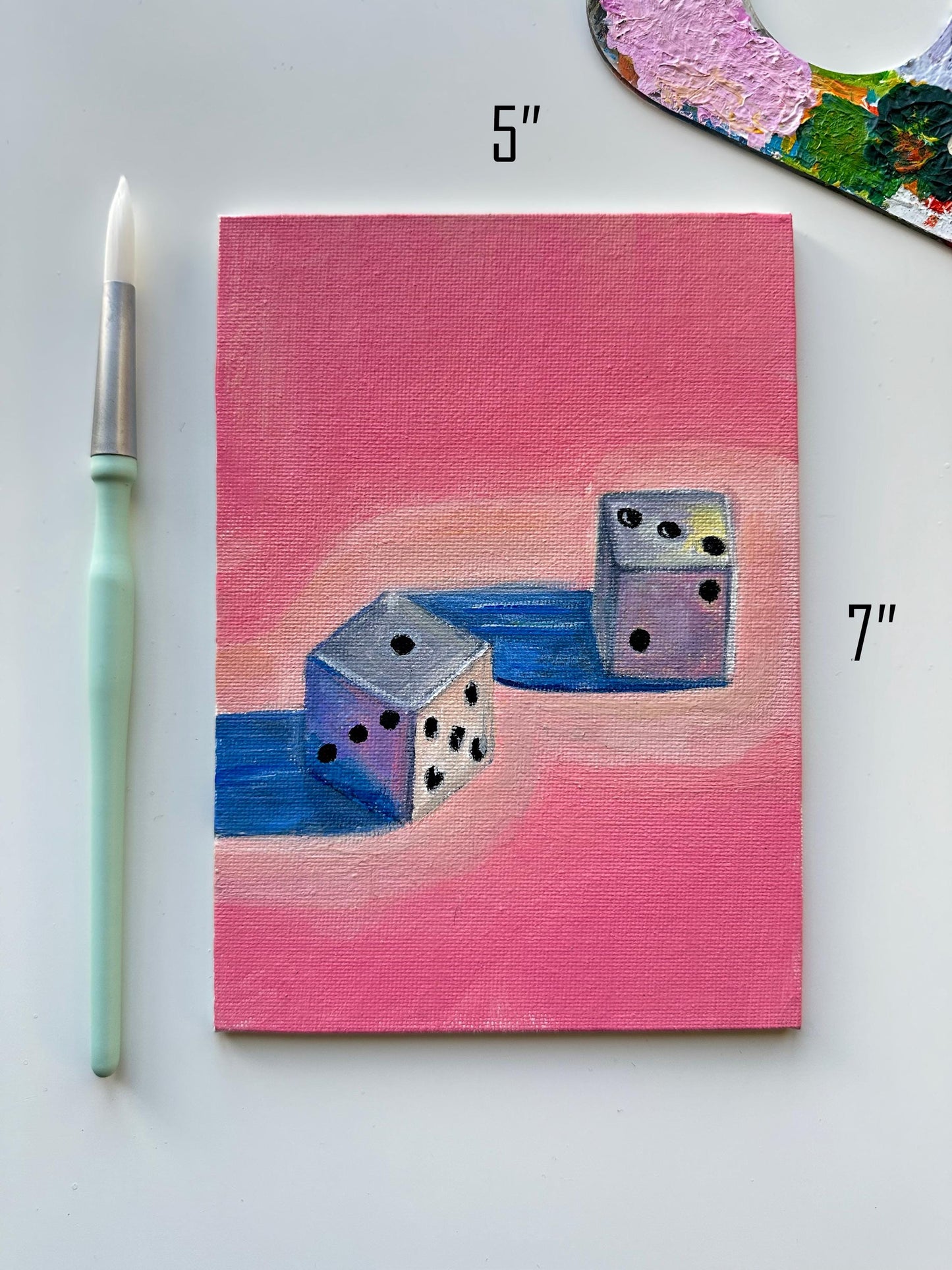 Dice Painting: 5x7 Original Acrylic Art on Pink Canvas Board