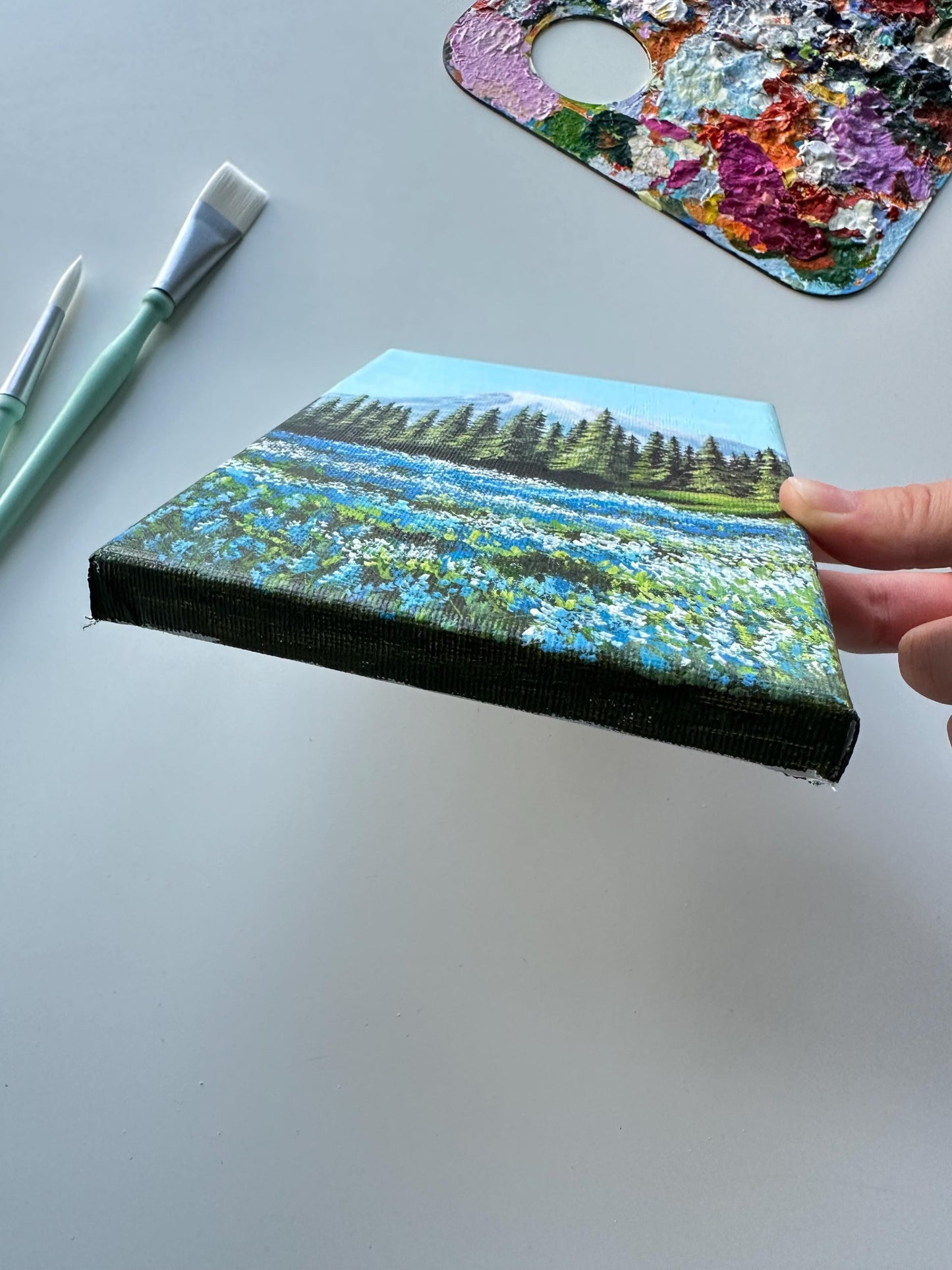 Original Mountain Landscape Painting: Blue Flower Valley Acrylic Art (5x7)