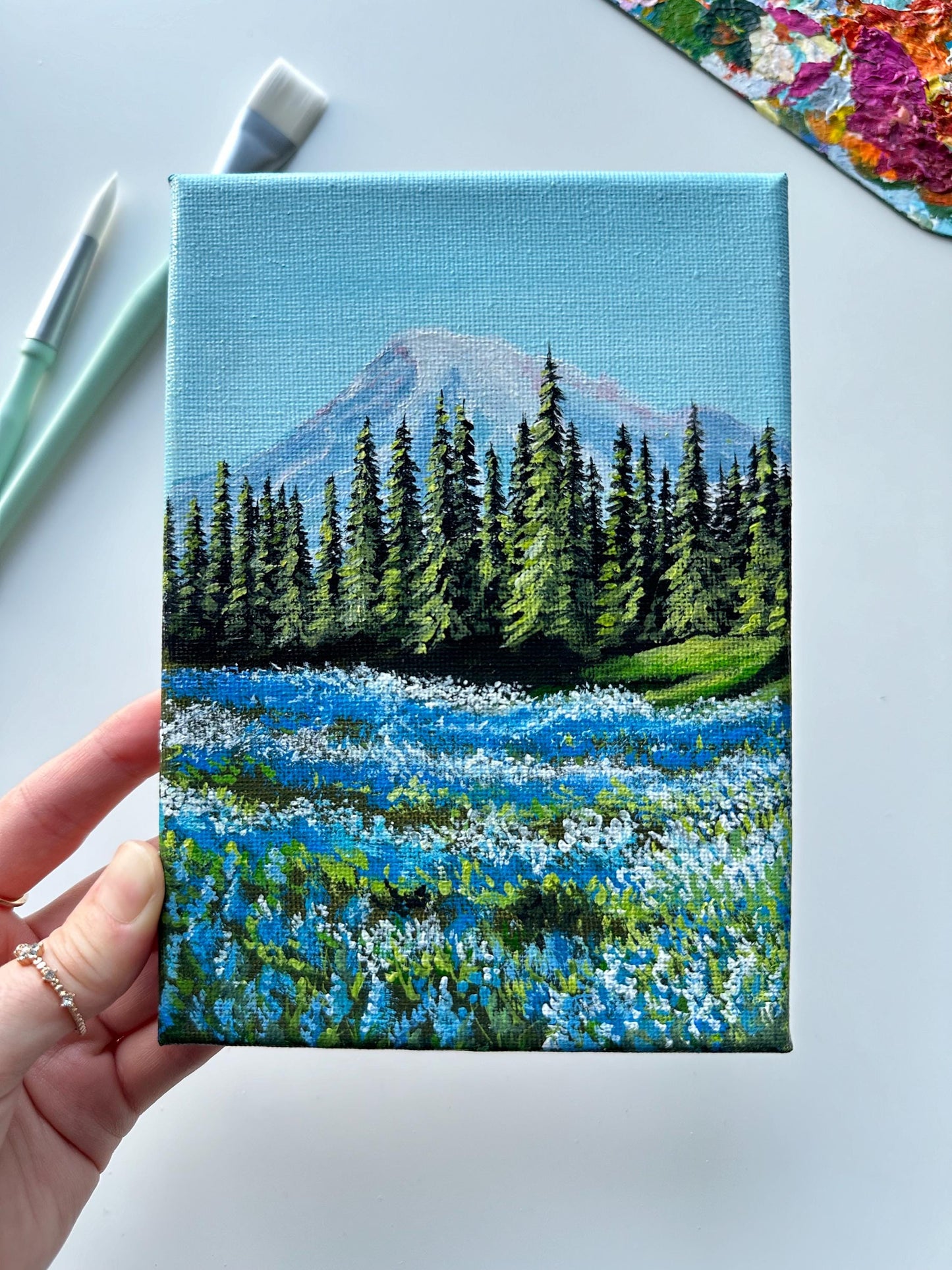 Original Mountain Landscape Painting: Blue Flower Valley Acrylic Art (5x7)