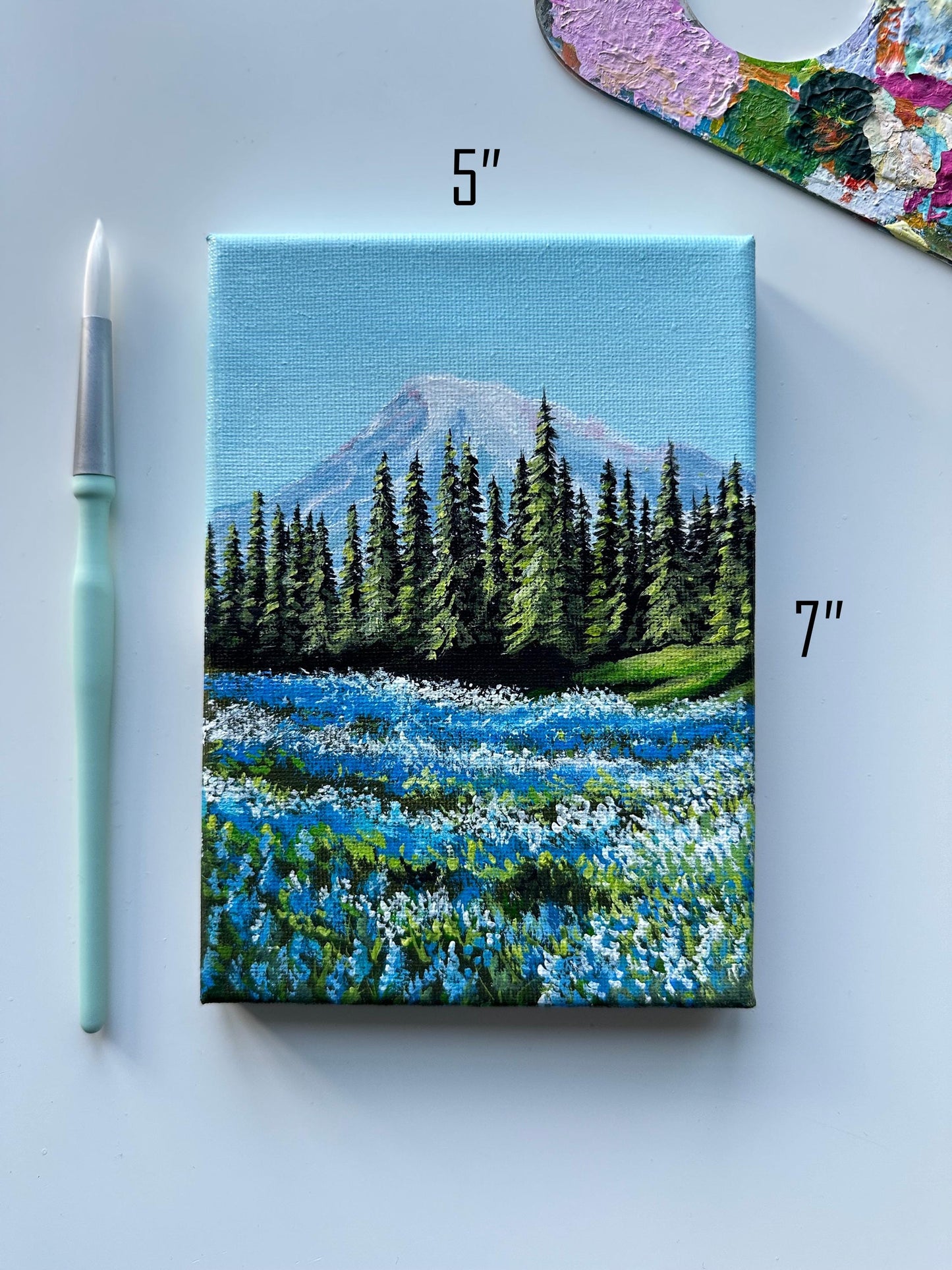 Original Mountain Landscape Painting: Blue Flower Valley Acrylic Art (5x7)