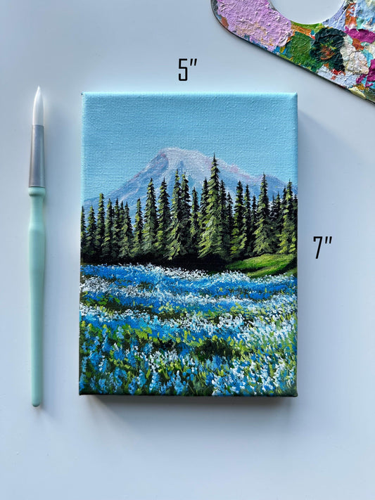 Original Mountain Landscape Painting: Blue Flower Valley Acrylic Art (5x7)