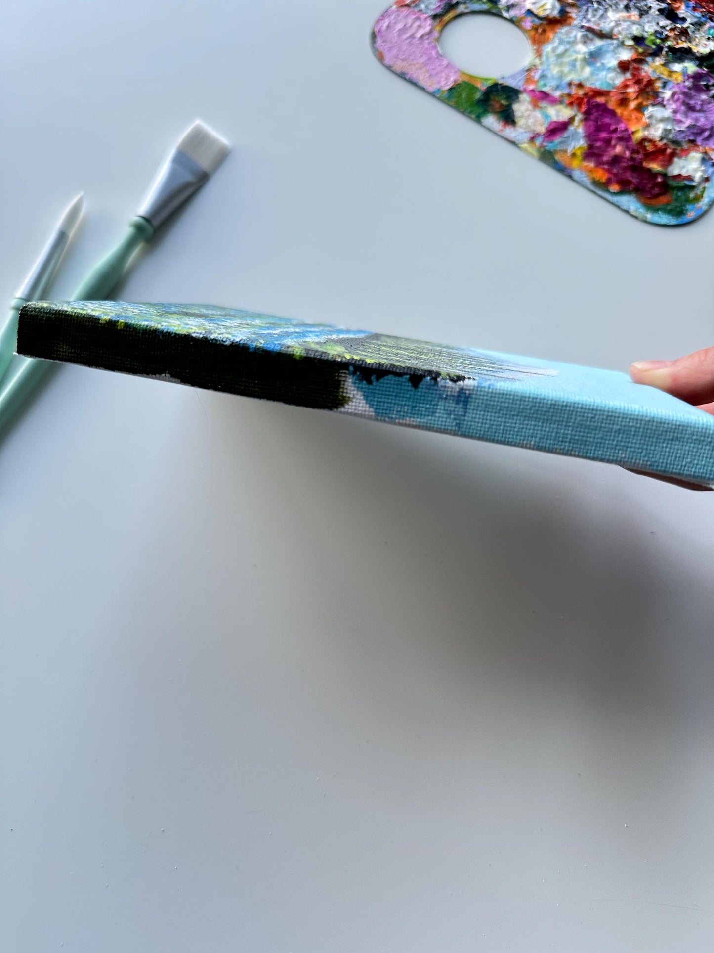 Original Mountain Landscape Painting: Blue Flower Valley Acrylic Art (5x7)