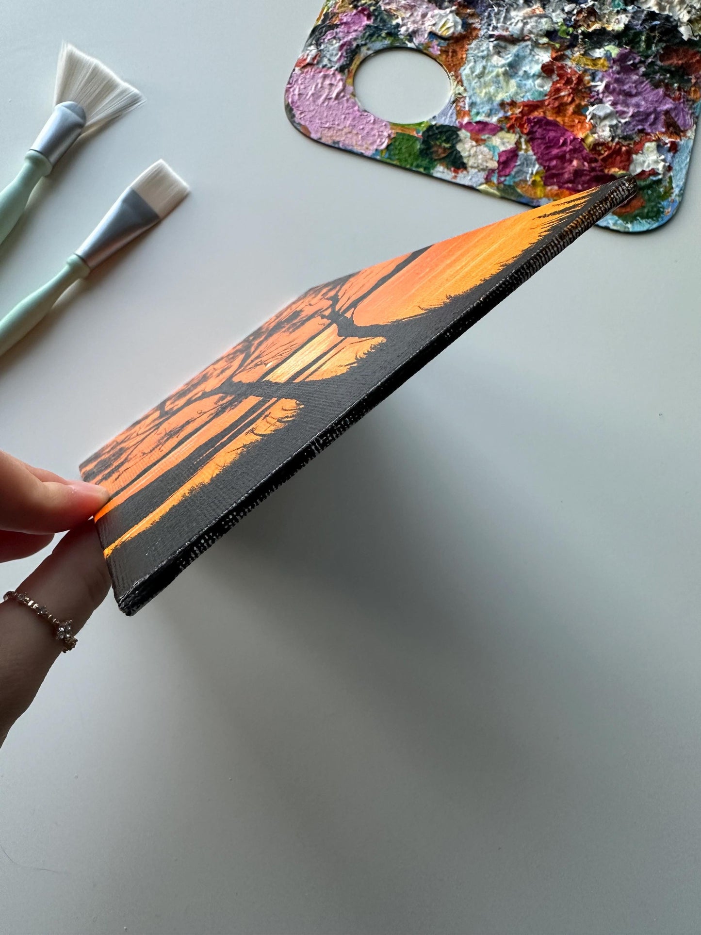 Lakeside Sunset Painting: Original Acrylic Landscape Art, 5x7 Canvas Board