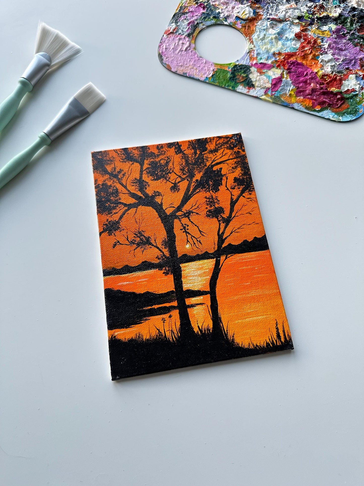 Lakeside Sunset Painting: Original Acrylic Landscape Art, 5x7 Canvas Board