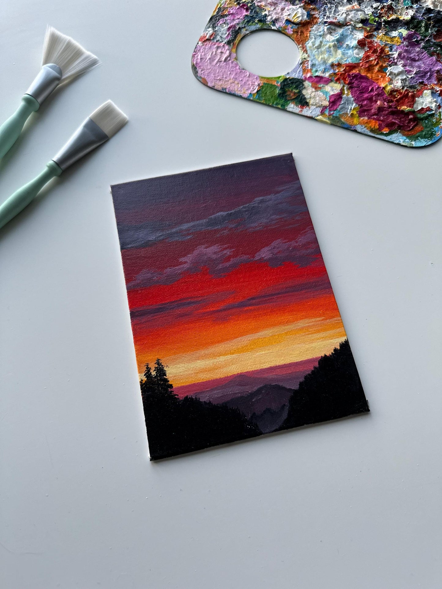 Mountain Sunset Acrylic Painting: 5x7 Hand-Painted Landscape Art