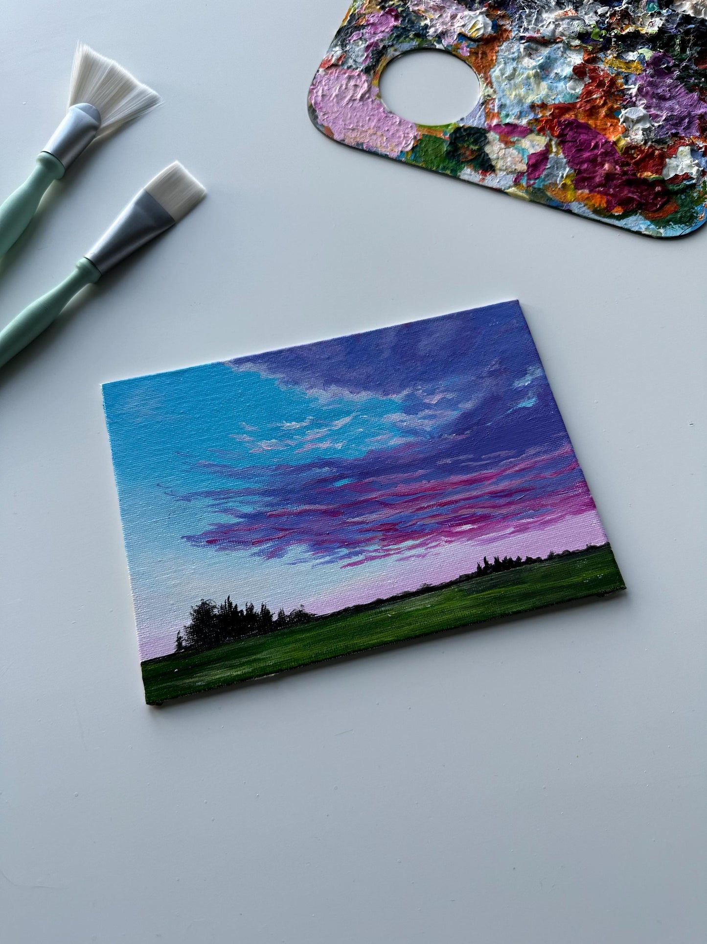 Original Purple Clouds Acrylic Painting: 7x5 Serene Landscape Art