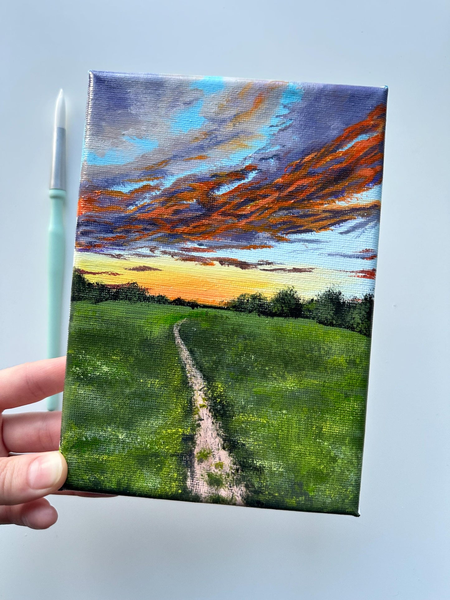 Original Sunset Valley Acrylic Painting: 5x7 Mini Landscape Art