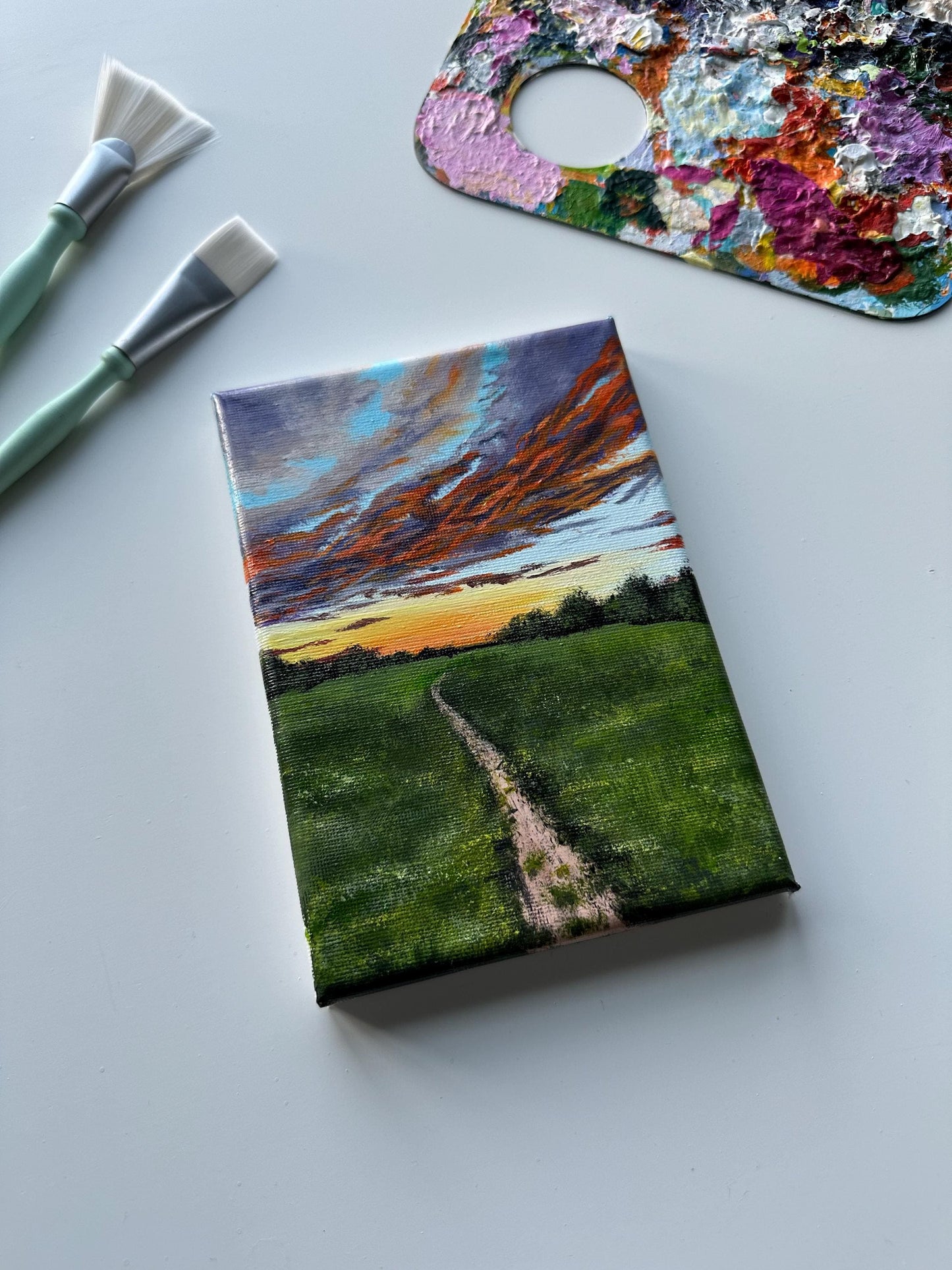 Original Sunset Valley Acrylic Painting: 5x7 Mini Landscape Art
