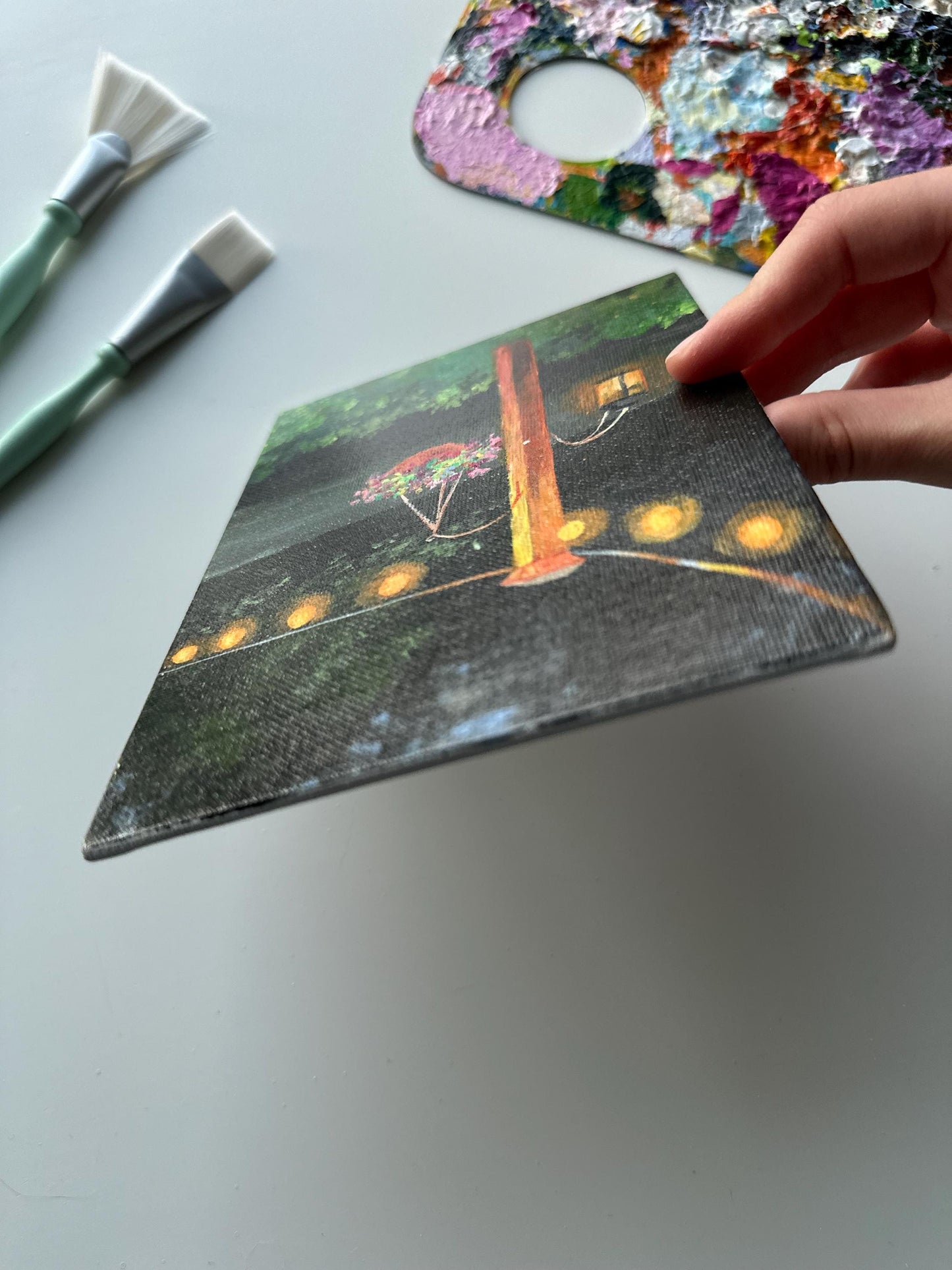 Original Light Bubbles Painting: Hand-Painted Urban Miniature Art (5" x 7")