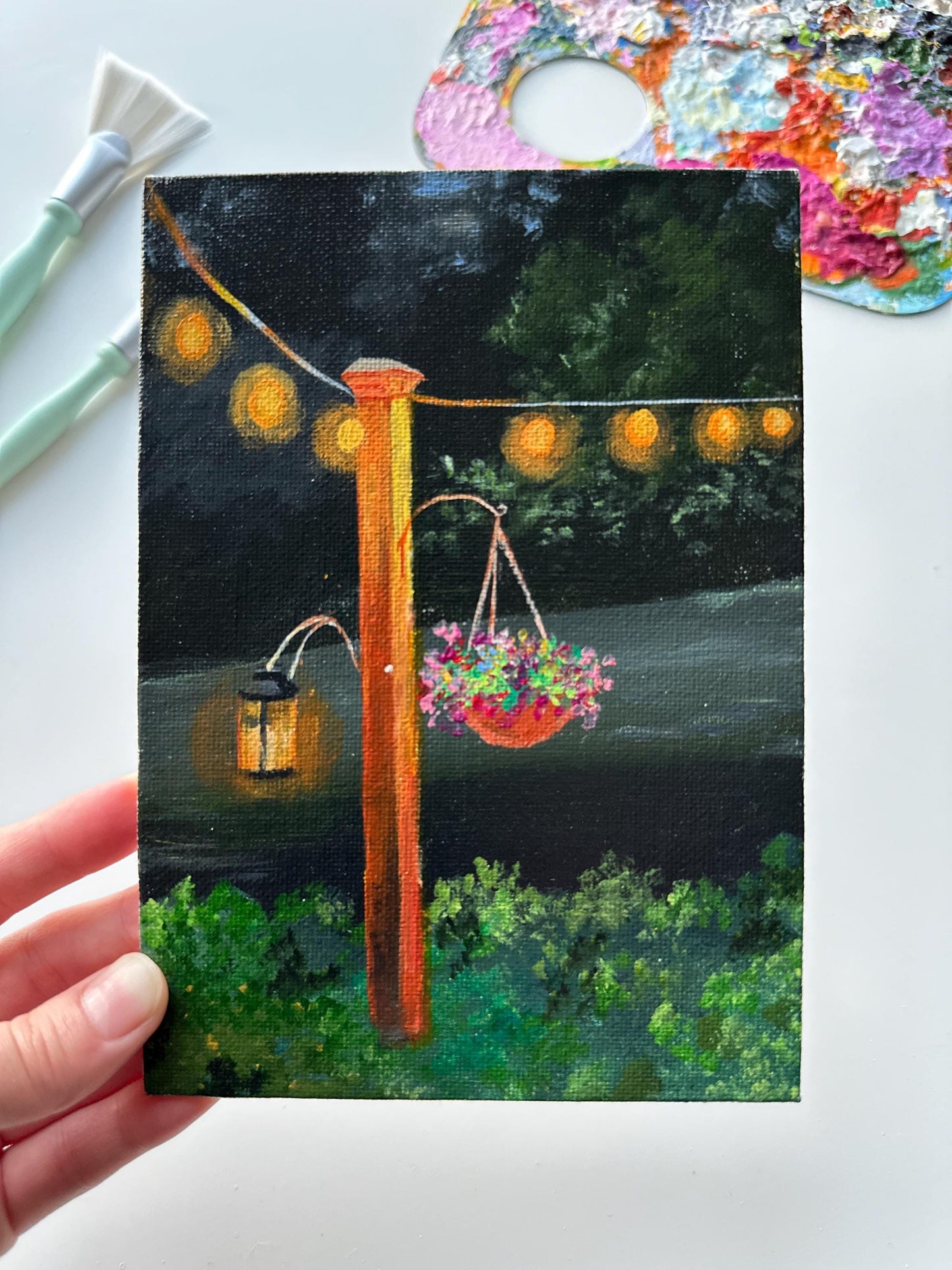 Original Light Bubbles Painting: Hand-Painted Urban Miniature Art (5" x 7")