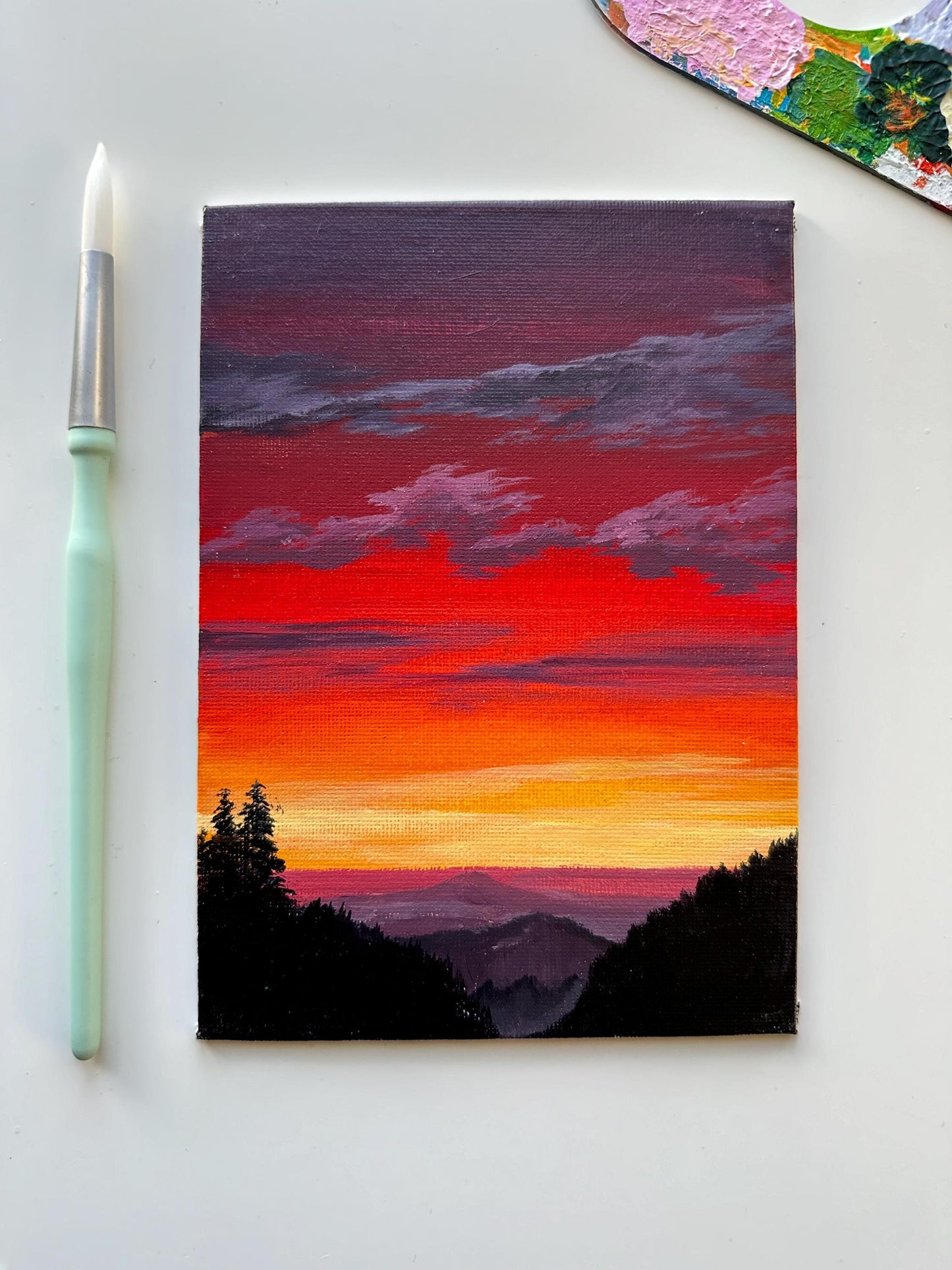 Mountain Sunset Acrylic Painting: 5x7 Hand-Painted Landscape Art
