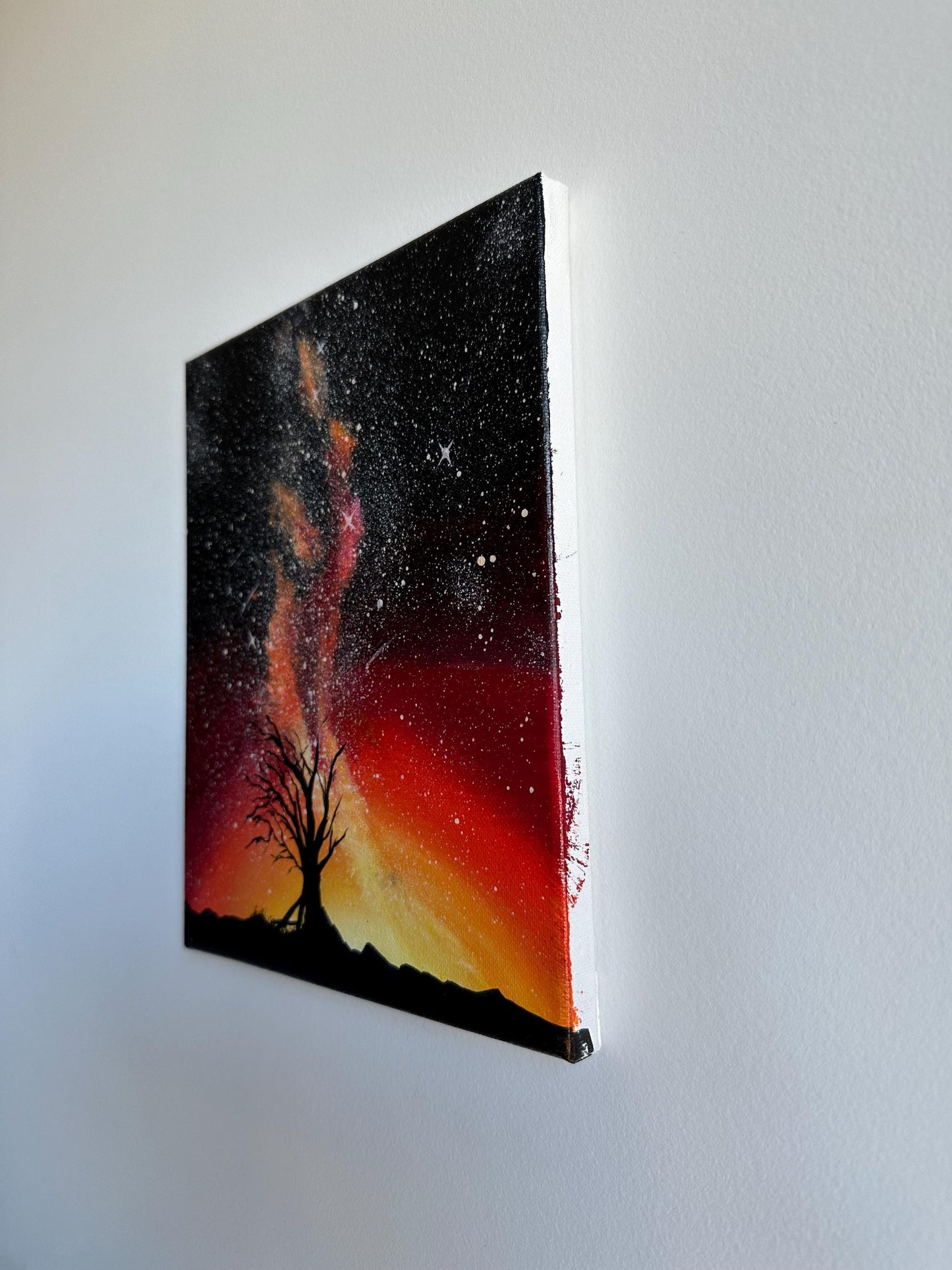 Original Starry Night Tree Painting: Celestial Landscape Art, 8x10