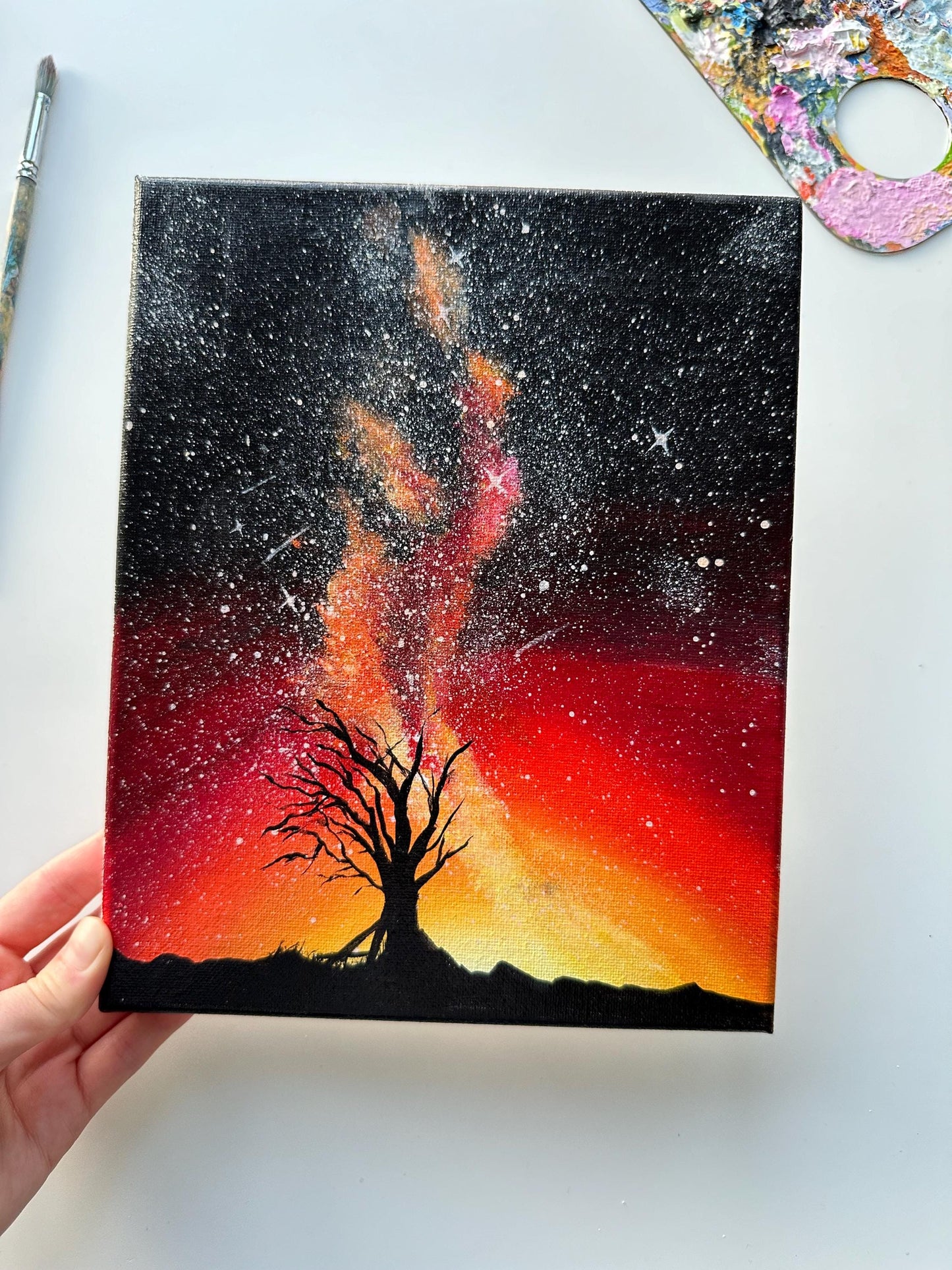 Original Starry Night Tree Painting: Celestial Landscape Art, 8x10