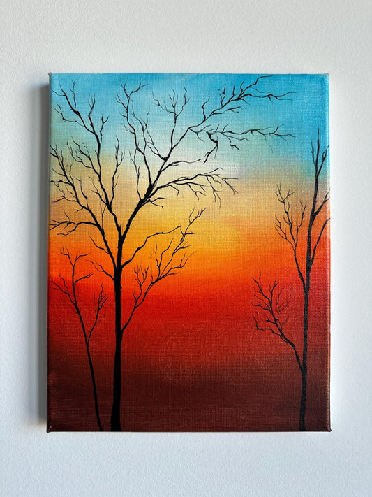 Original Sunset Tree Painting: Hand-Painted Acrylic Landscape Art (8x10)