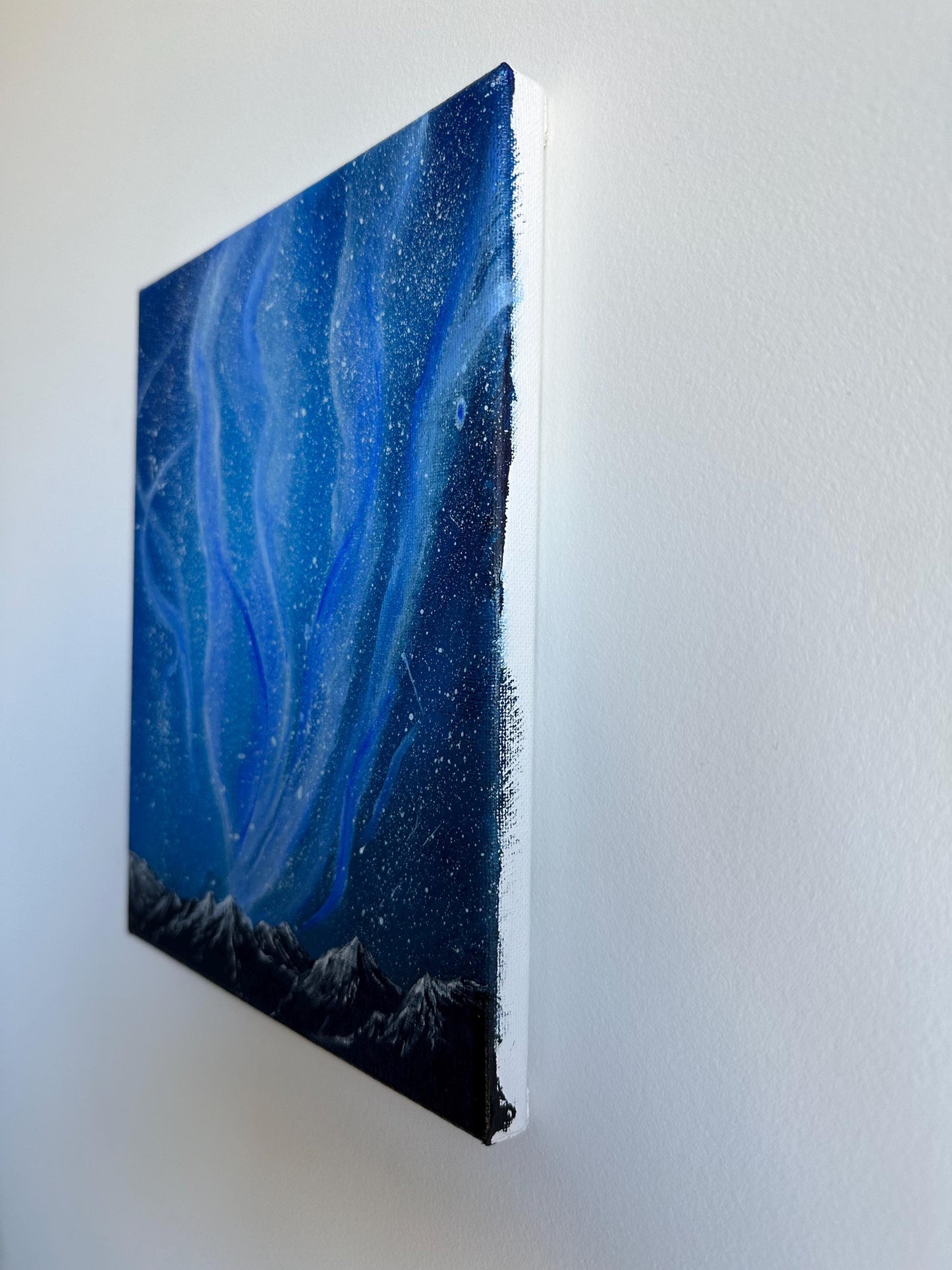 Northern Lights Painting: Snowy Mountain Landscape Acrylic Art (8x10)