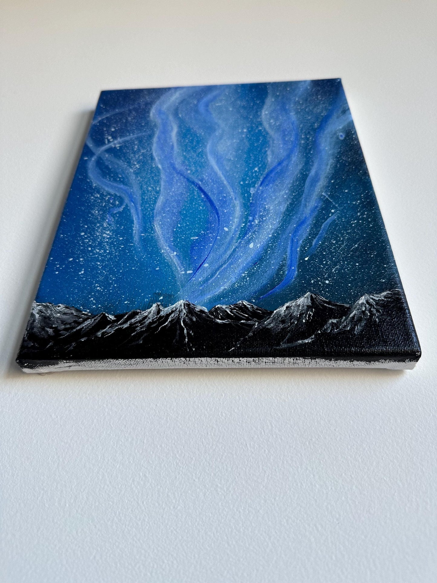Northern Lights Painting: Snowy Mountain Landscape Acrylic Art (8x10)
