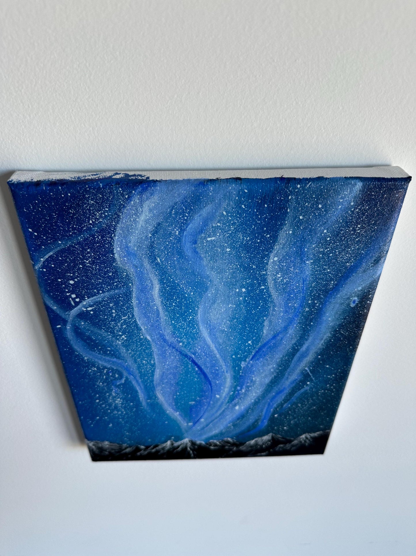Northern Lights Painting: Snowy Mountain Landscape Acrylic Art (8x10)