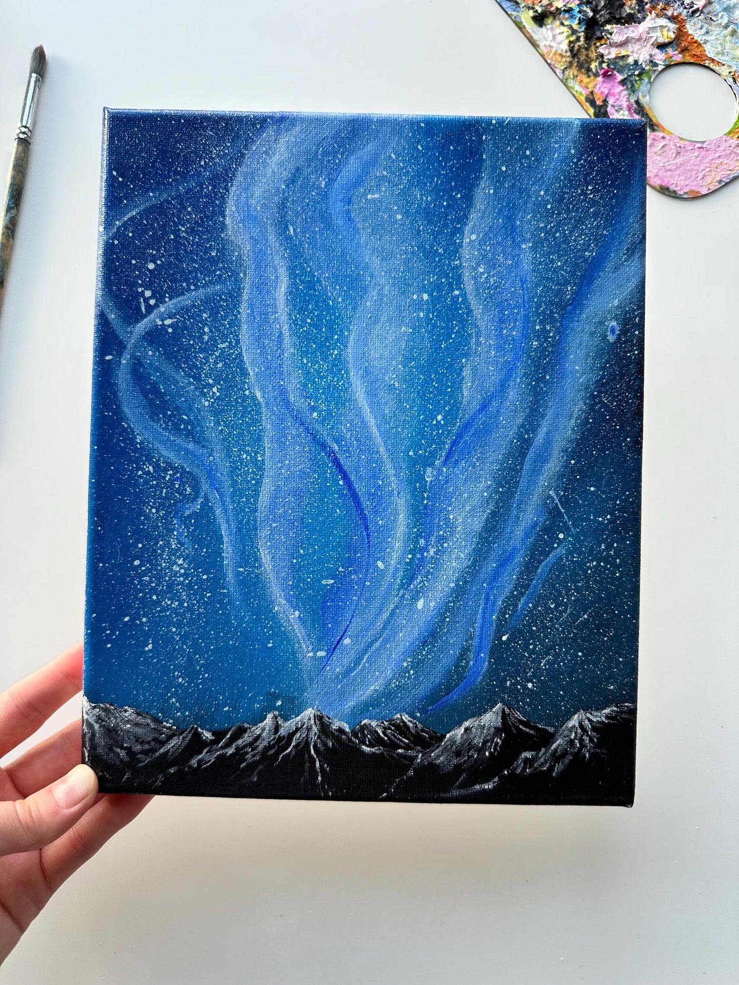 Northern Lights Painting: Snowy Mountain Landscape Acrylic Art (8x10)