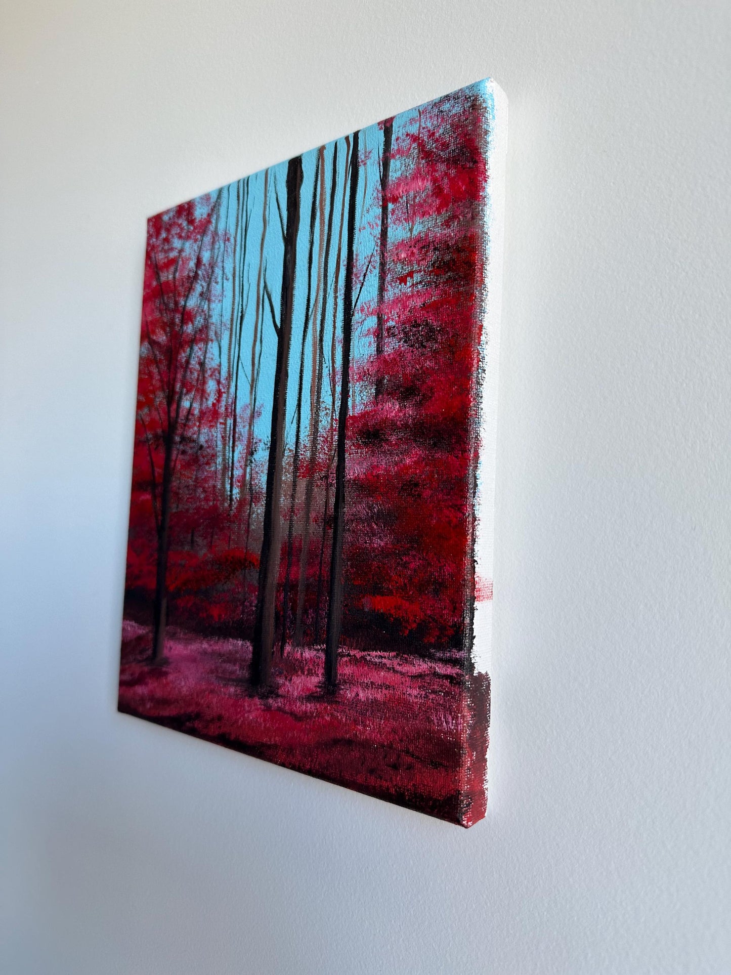Original Red Forest Acrylic Painting: Enchanted Landscape Art (8x10)