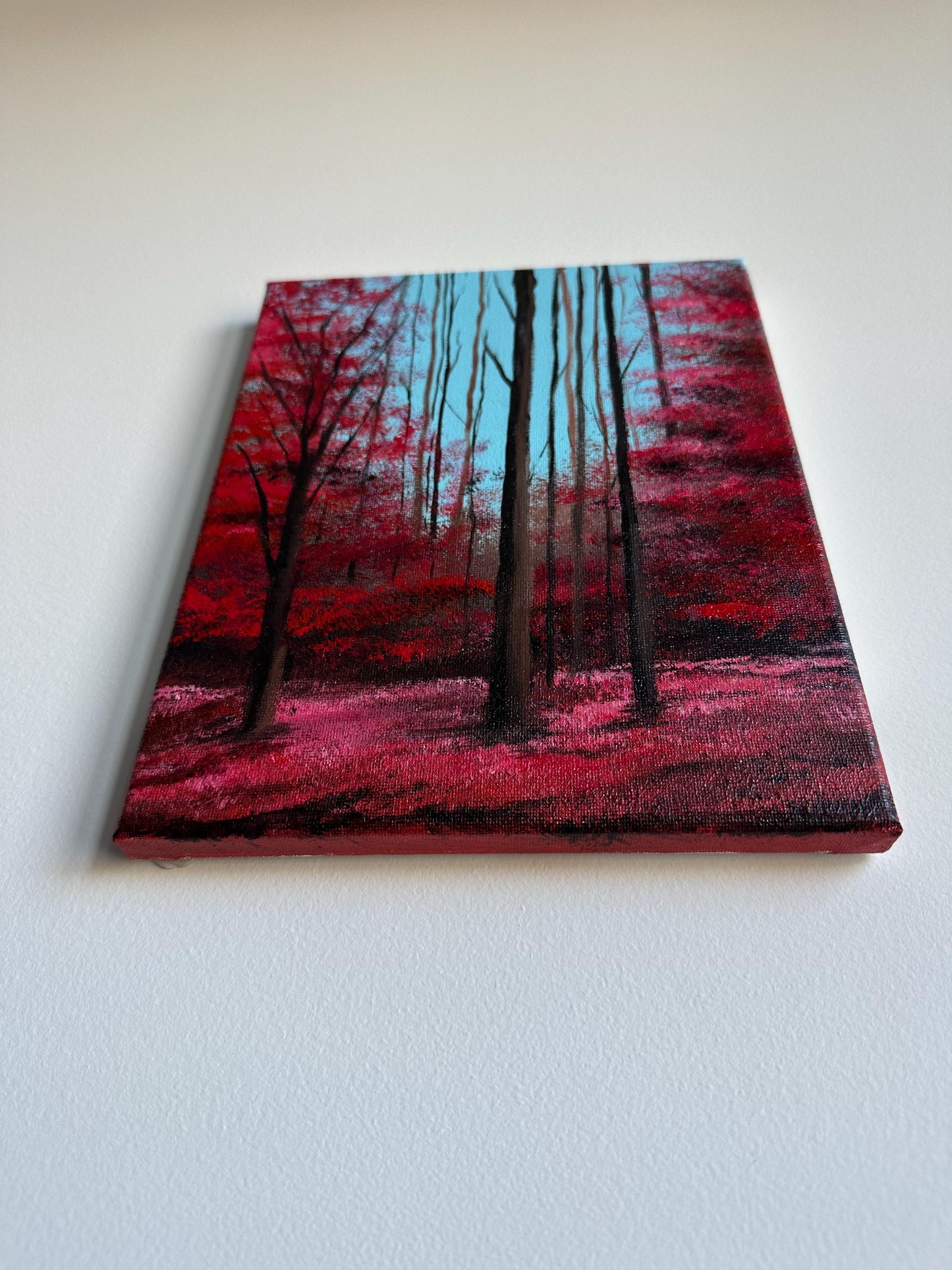 Original Red Forest Acrylic Painting: Enchanted Landscape Art (8x10)