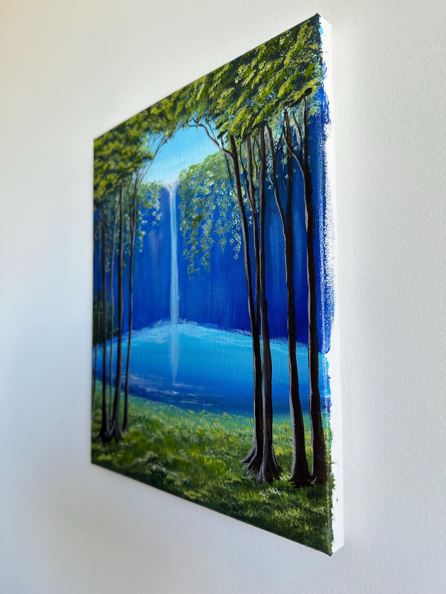 Original Waterfall Painting: Forest Landscape Art, 8x10 Canvas