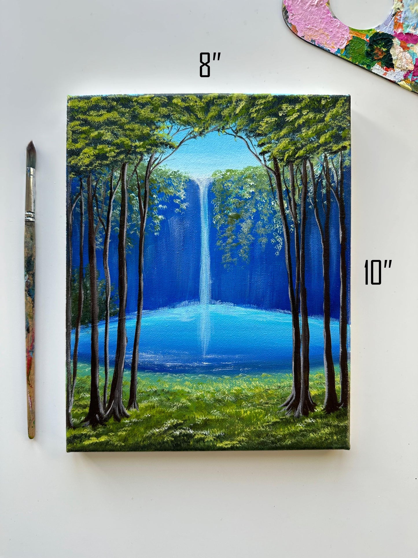 Original Waterfall Painting: Forest Landscape Art, 8x10 Canvas