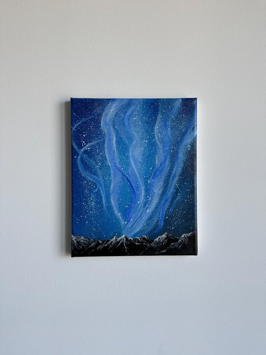 Northern Lights Painting: Snowy Mountain Landscape Acrylic Art (8x10)