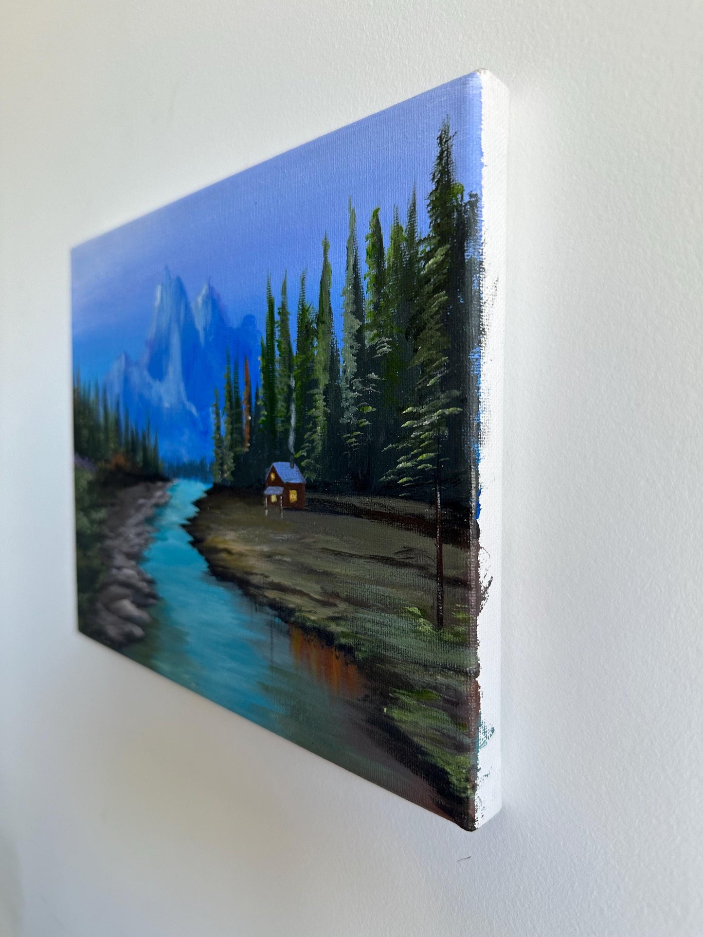 Cozy Cabin Acrylic Painting: Mountain River Nature Scene (10"x8")