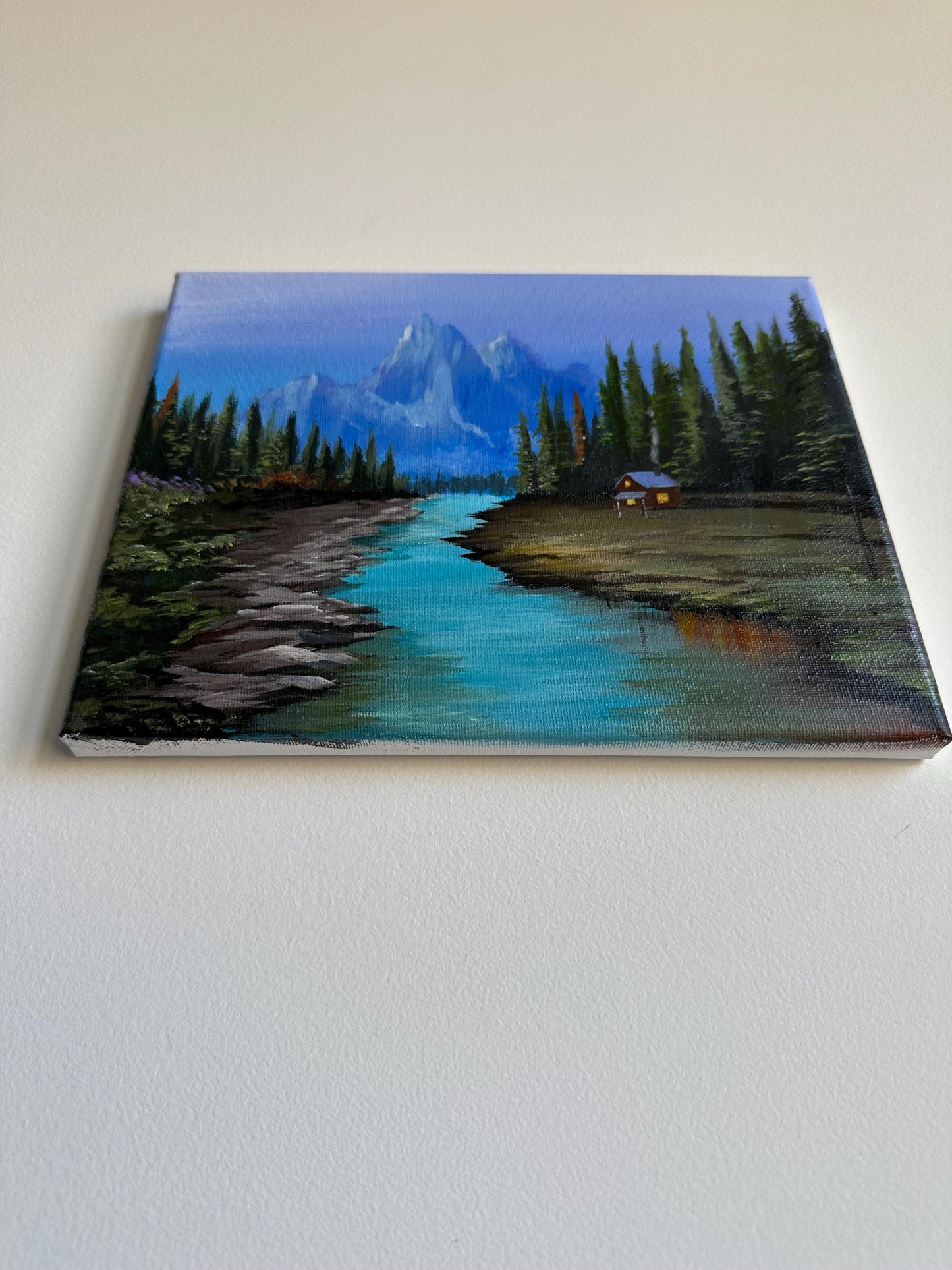 Cozy Cabin Acrylic Painting: Mountain River Nature Scene (10"x8")