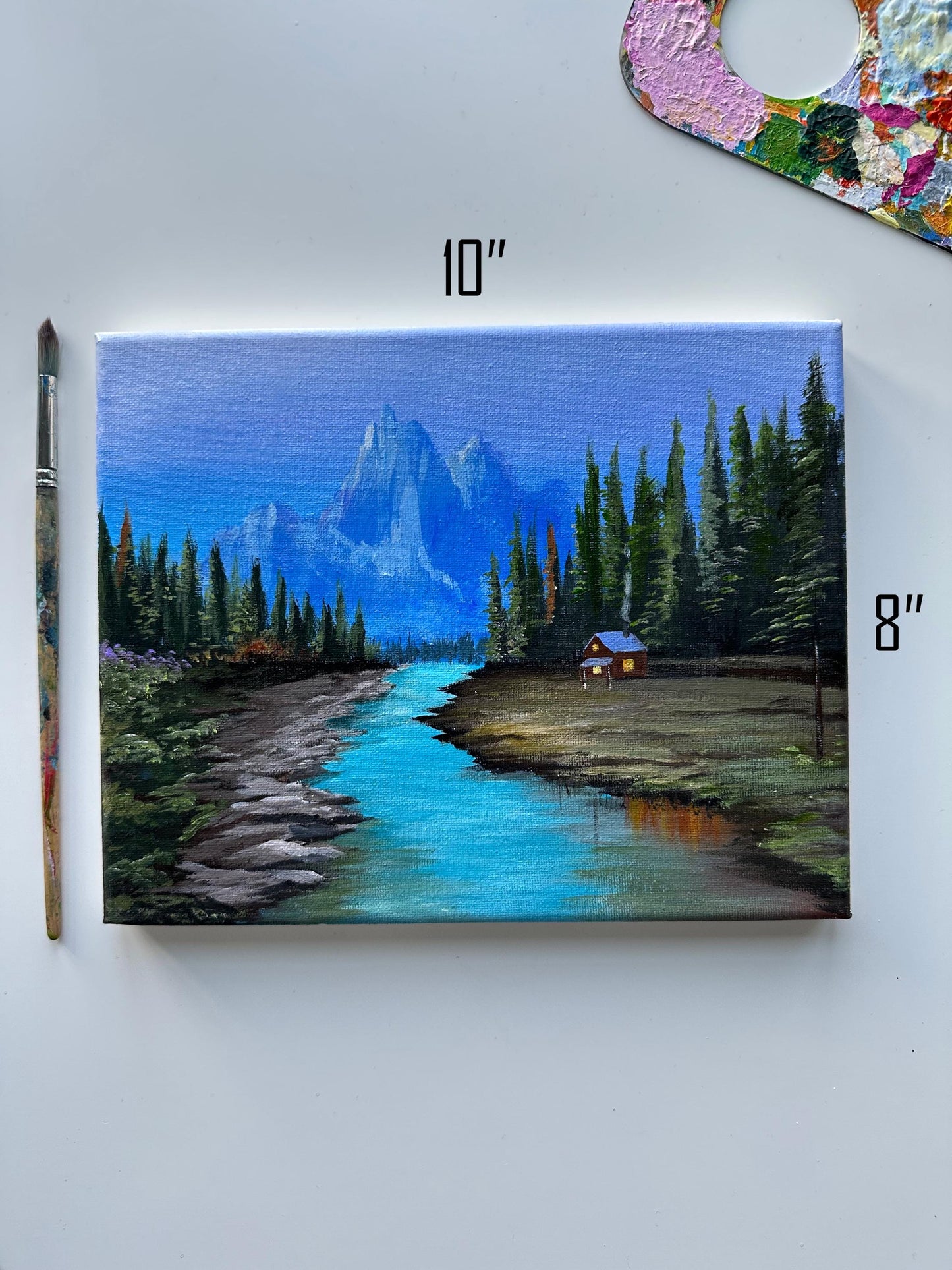 Cozy Cabin Acrylic Painting: Mountain River Nature Scene (10"x8")