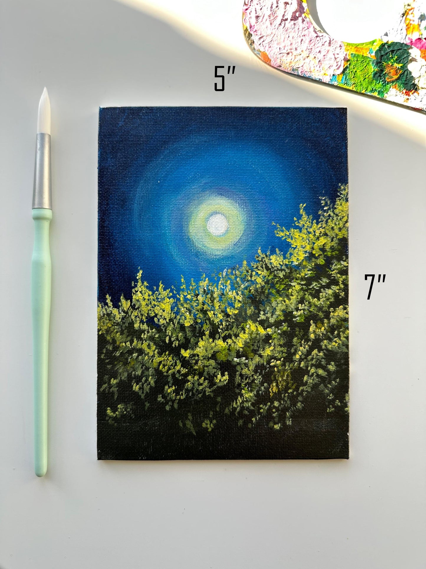 Moonlight Painting: Original Acrylic Night Landscape, 5x7 Canvas Board