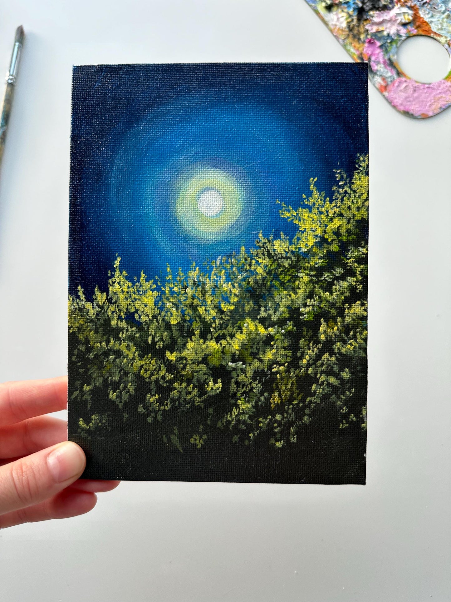 Moonlight Painting: Original Acrylic Night Landscape, 5x7 Canvas Board