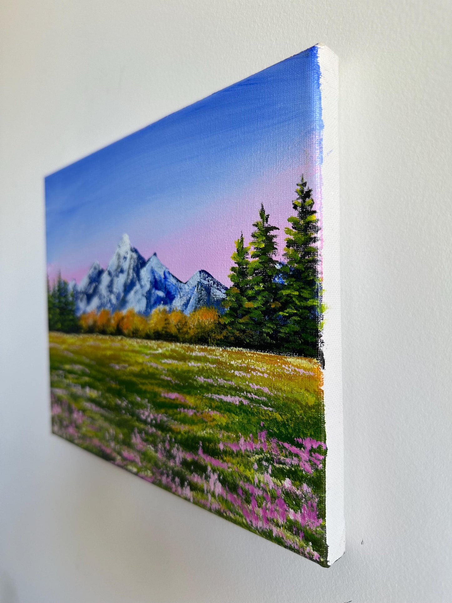 Original Snowy Mountain Acrylic Painting: Pine Forest, Pink Flowers (10x8)