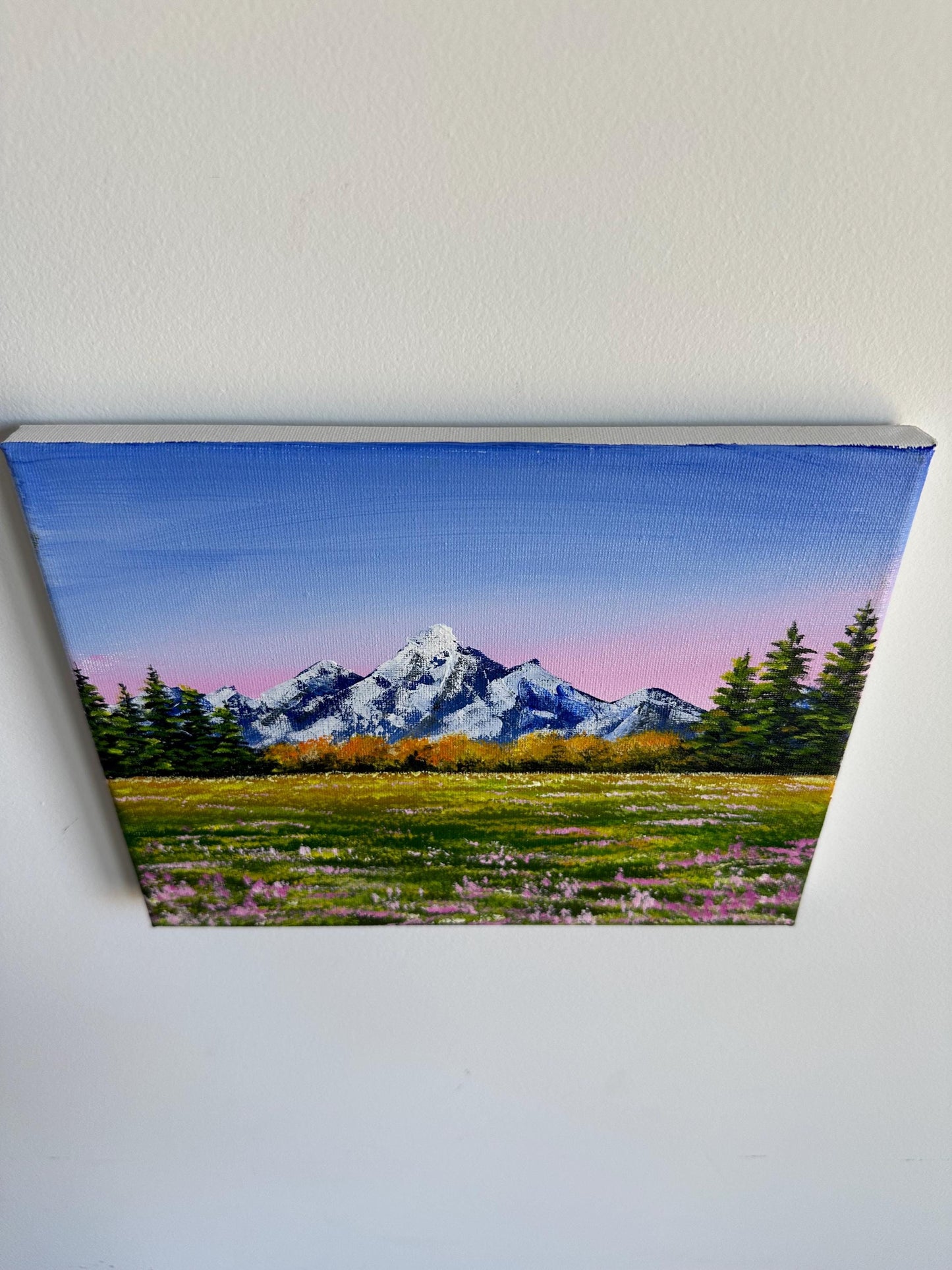 Original Snowy Mountain Acrylic Painting: Pine Forest, Pink Flowers (10x8)