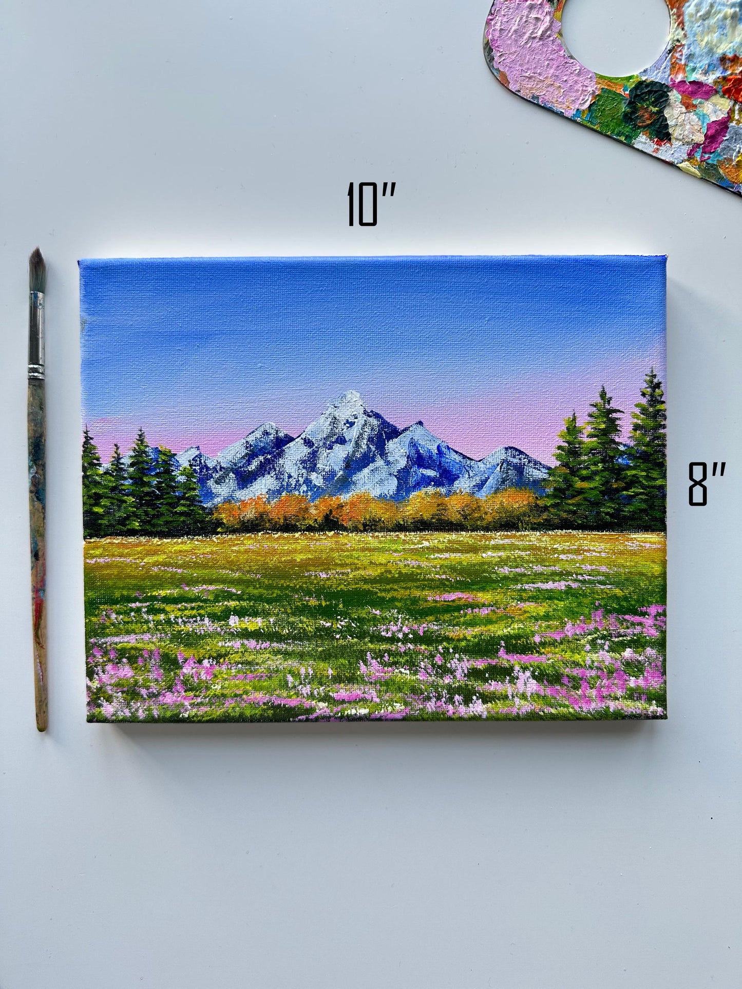 Original Snowy Mountain Acrylic Painting: Pine Forest, Pink Flowers (10x8)