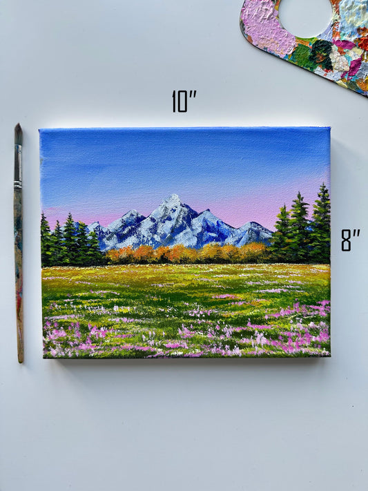 Original Snowy Mountain Acrylic Painting: Pine Forest, Pink Flowers (10x8)