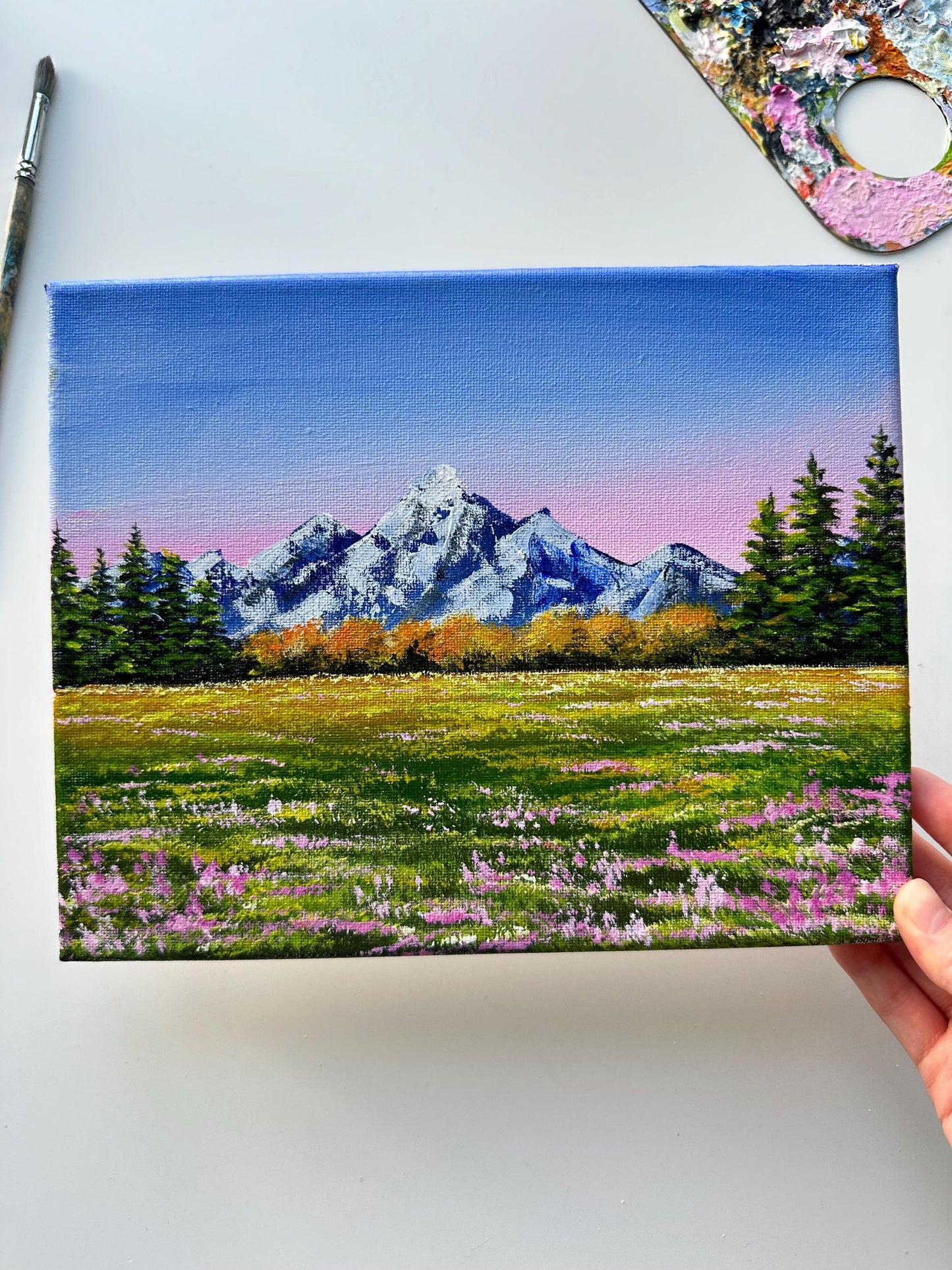 Original Snowy Mountain Acrylic Painting: Pine Forest, Pink Flowers (10x8)