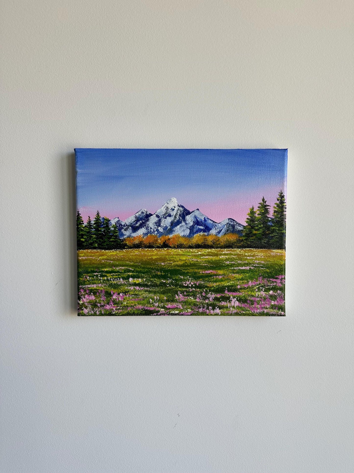 Snowy mountain pine tree forestpink flower field acrylic landscape painting on canvas