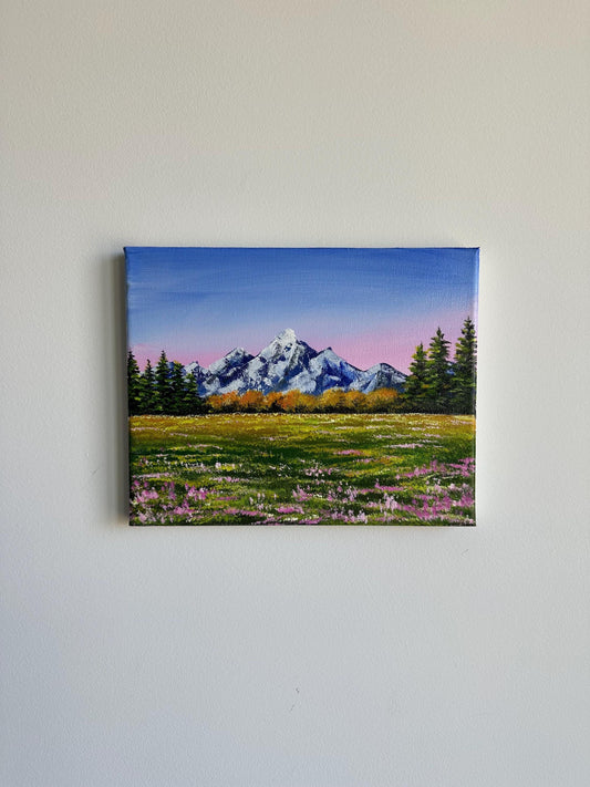 Snowy mountain pine tree forestpink flower field acrylic landscape painting on canvas