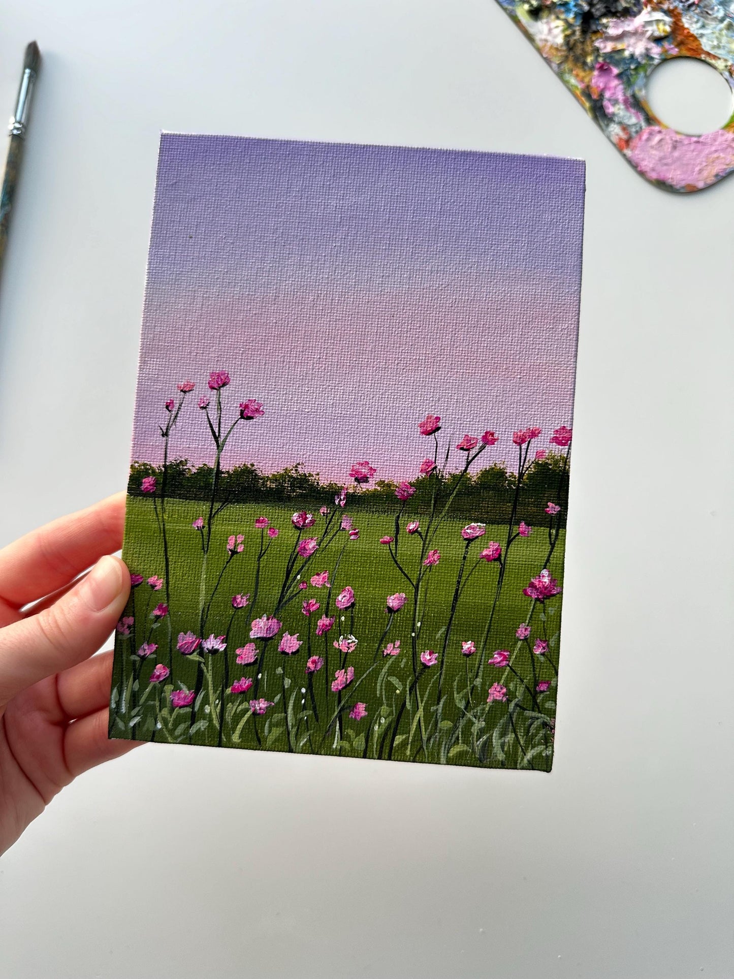 Original Pink Flowers Landscape Painting: 5x7 Canvas Board Art
