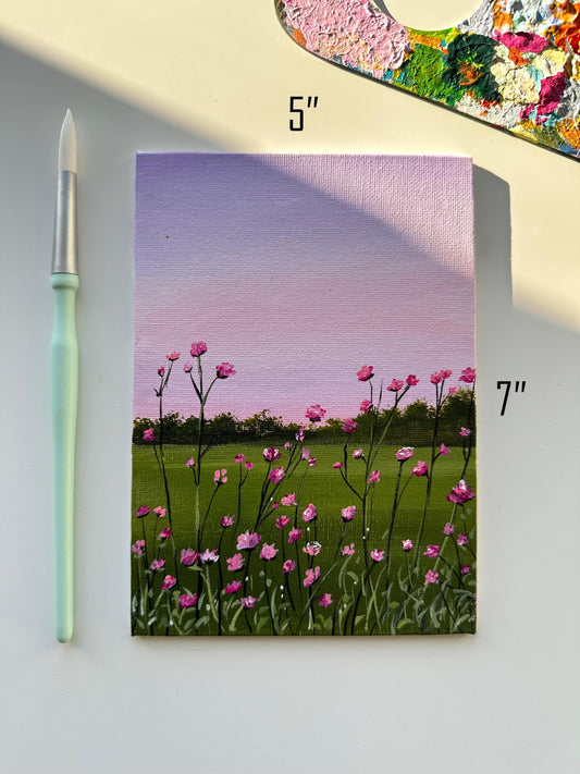 Original Pink Flowers Landscape Painting: 5x7 Canvas Board Art