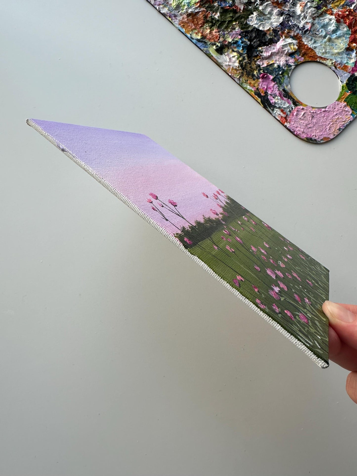 Original Pink Flowers Landscape Painting: 5x7 Canvas Board Art